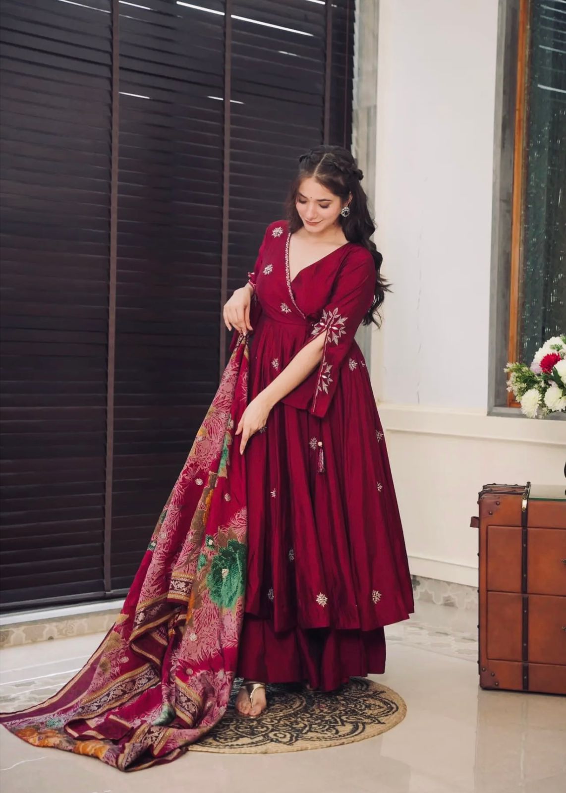 Ravishing Maroon Color Pure Chinon Silk With Embroidery Work With Fancy Full Sleeve Anarkali Plazzo Suit