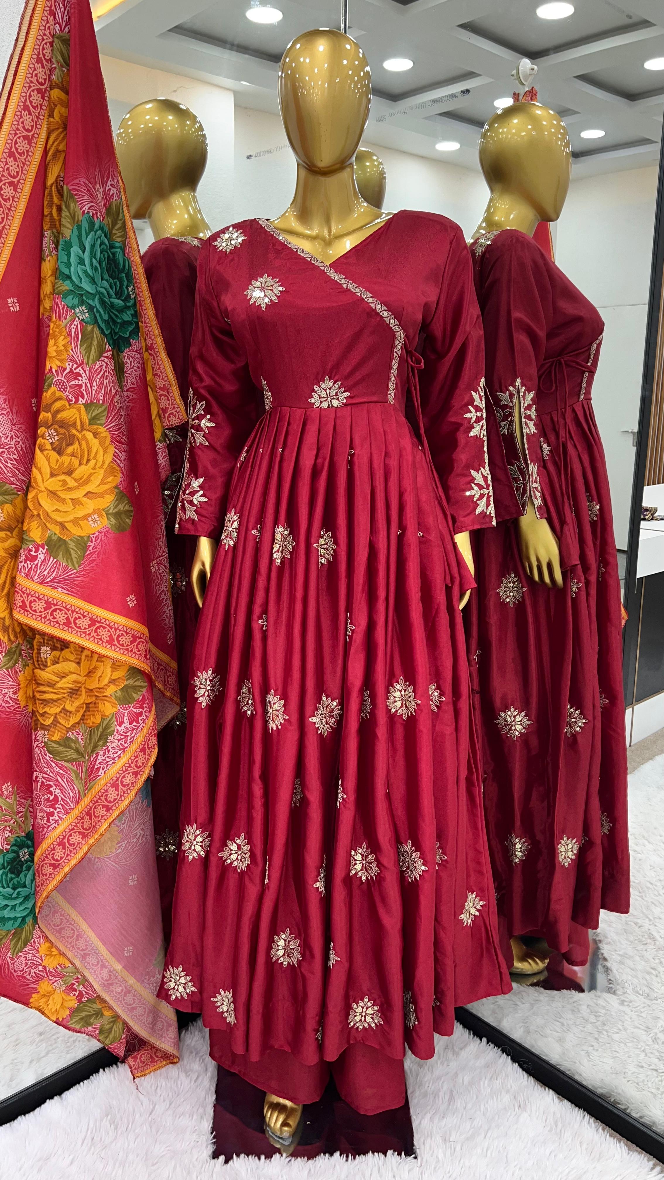 Ravishing Maroon Color Pure Chinon Silk With Embroidery Work With Fancy Full Sleeve Anarkali Plazzo Suit