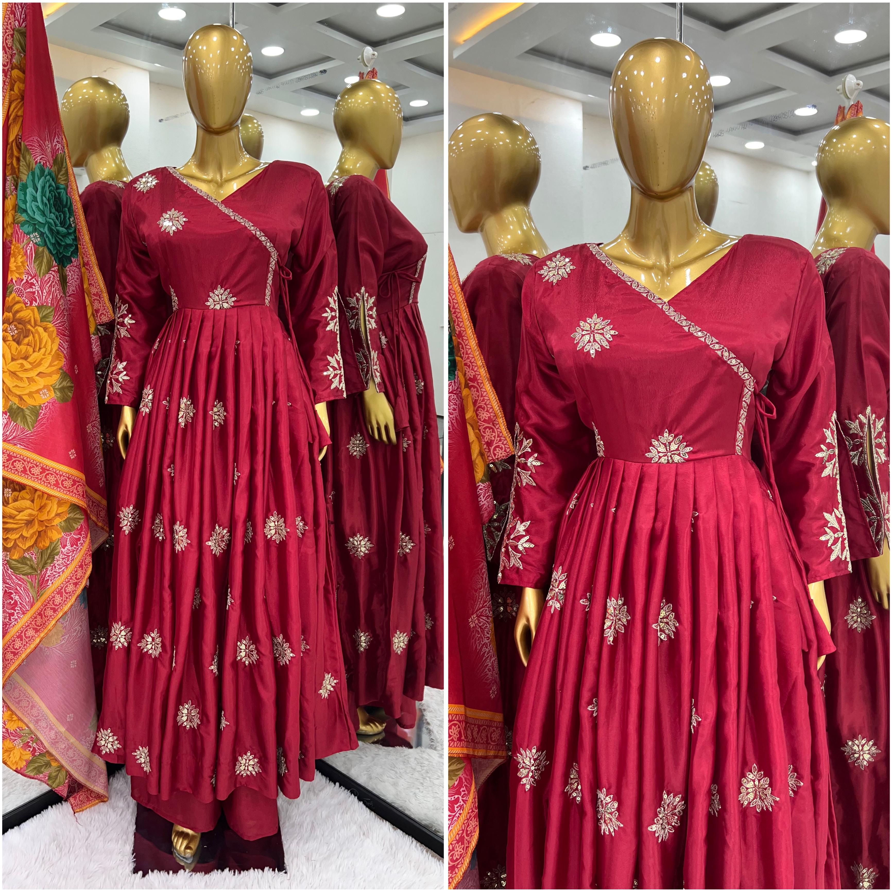 Ravishing Maroon Color Pure Chinon Silk With Embroidery Work With Fancy Full Sleeve Anarkali Plazzo Suit