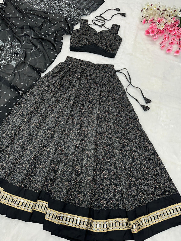 Mesmerizing Black Color Pure Soft Cotton Printed With Handwork Real Mirror Lace Lehenga Choli