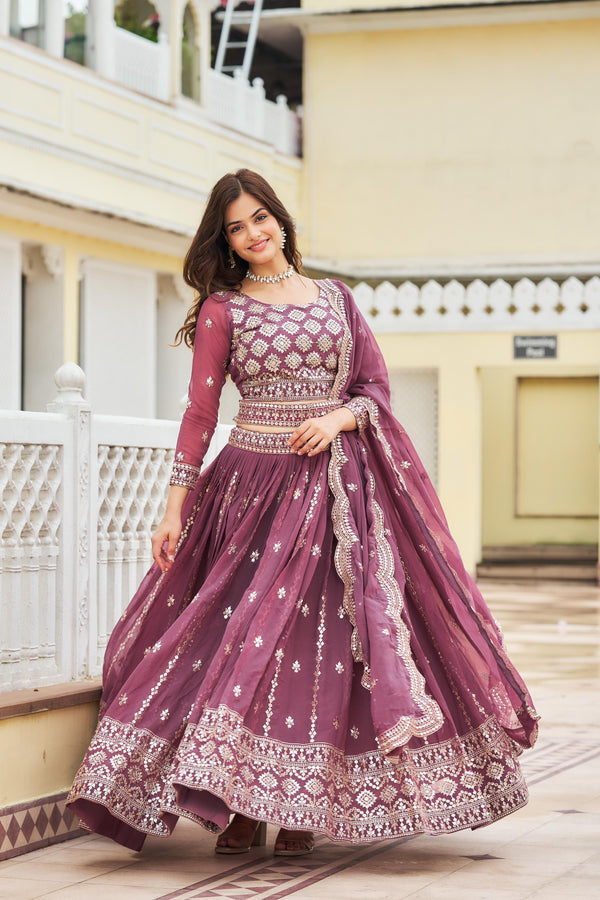 Wedding Wear Dusty Pink Color Georgette Heavy 7mm Sequence Work Designer Lehenga