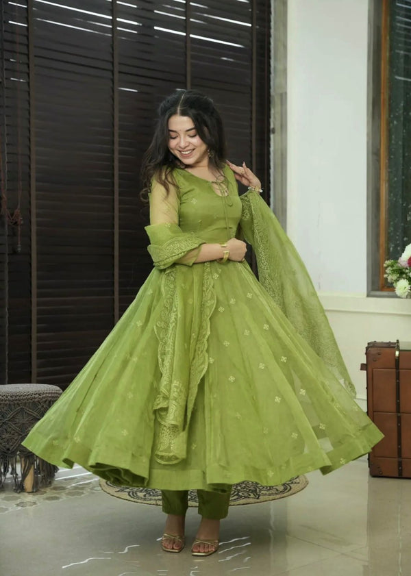 Party Wear Green Color Heavy Faux Georgette With Embroidery Work Designer Gown With Pent