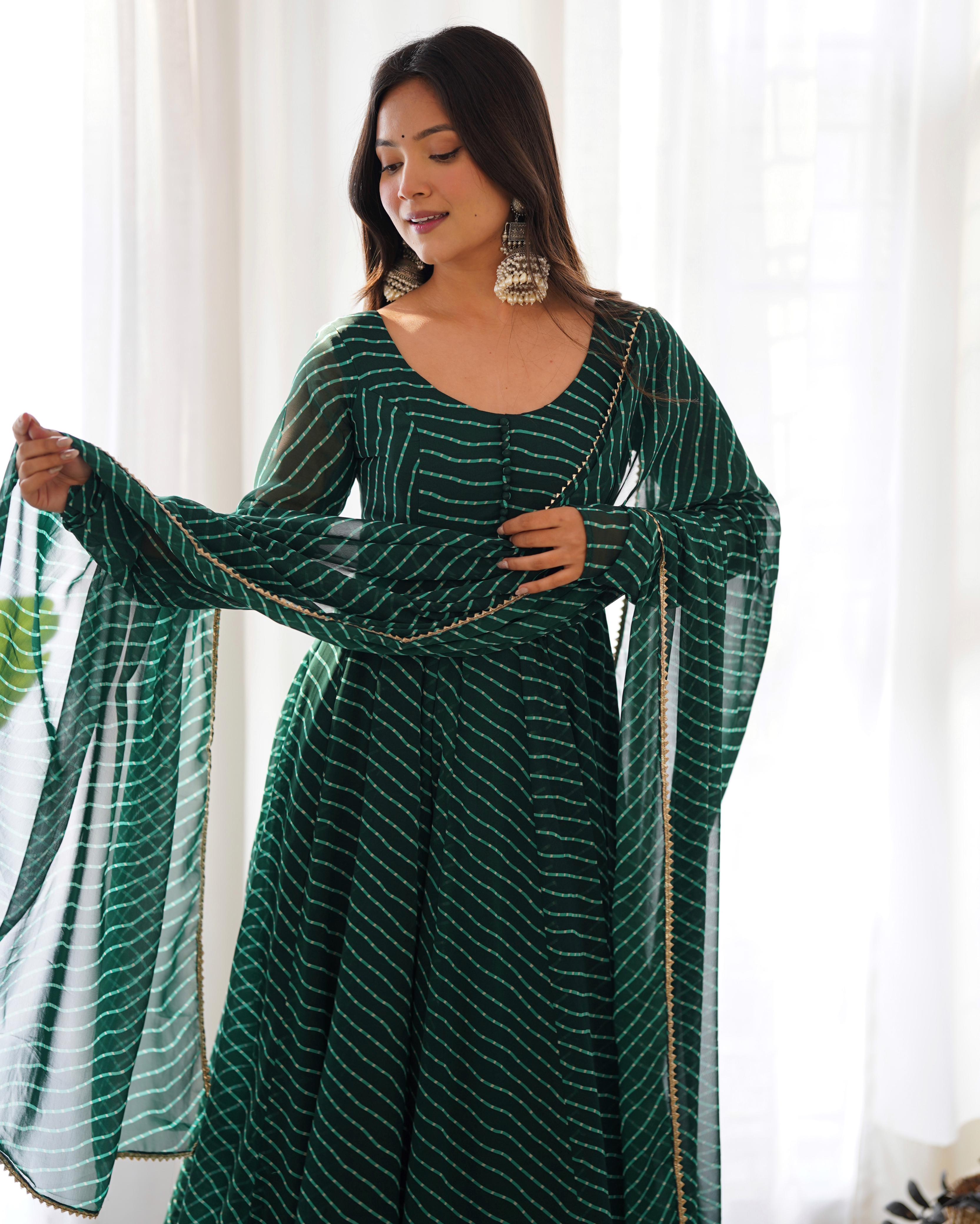 Outstanding Green Color Heavy Pure Fox Georgette Laheriya Print Anarkali Gown