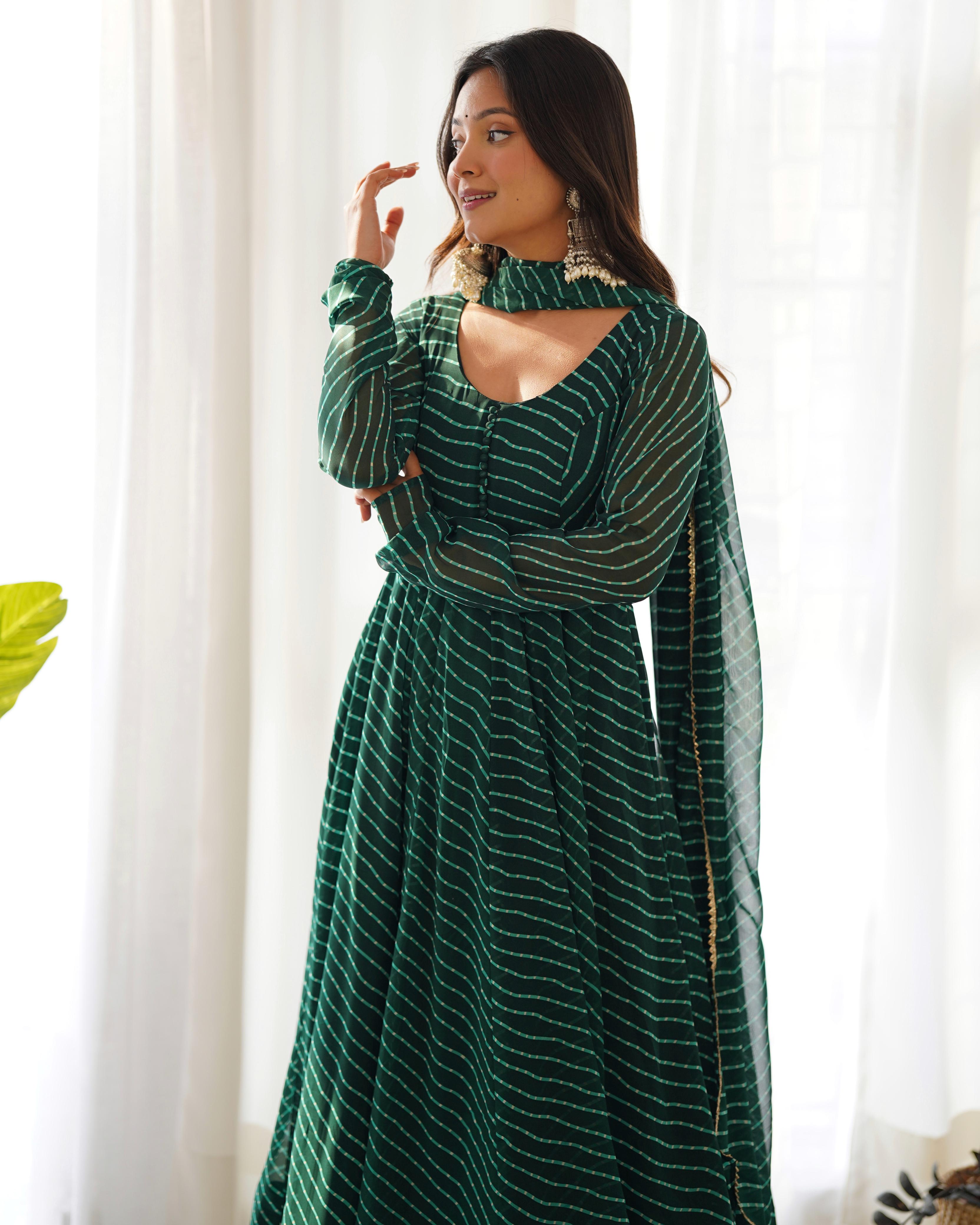 Outstanding Green Color Heavy Pure Fox Georgette Laheriya Print Anarkali Gown