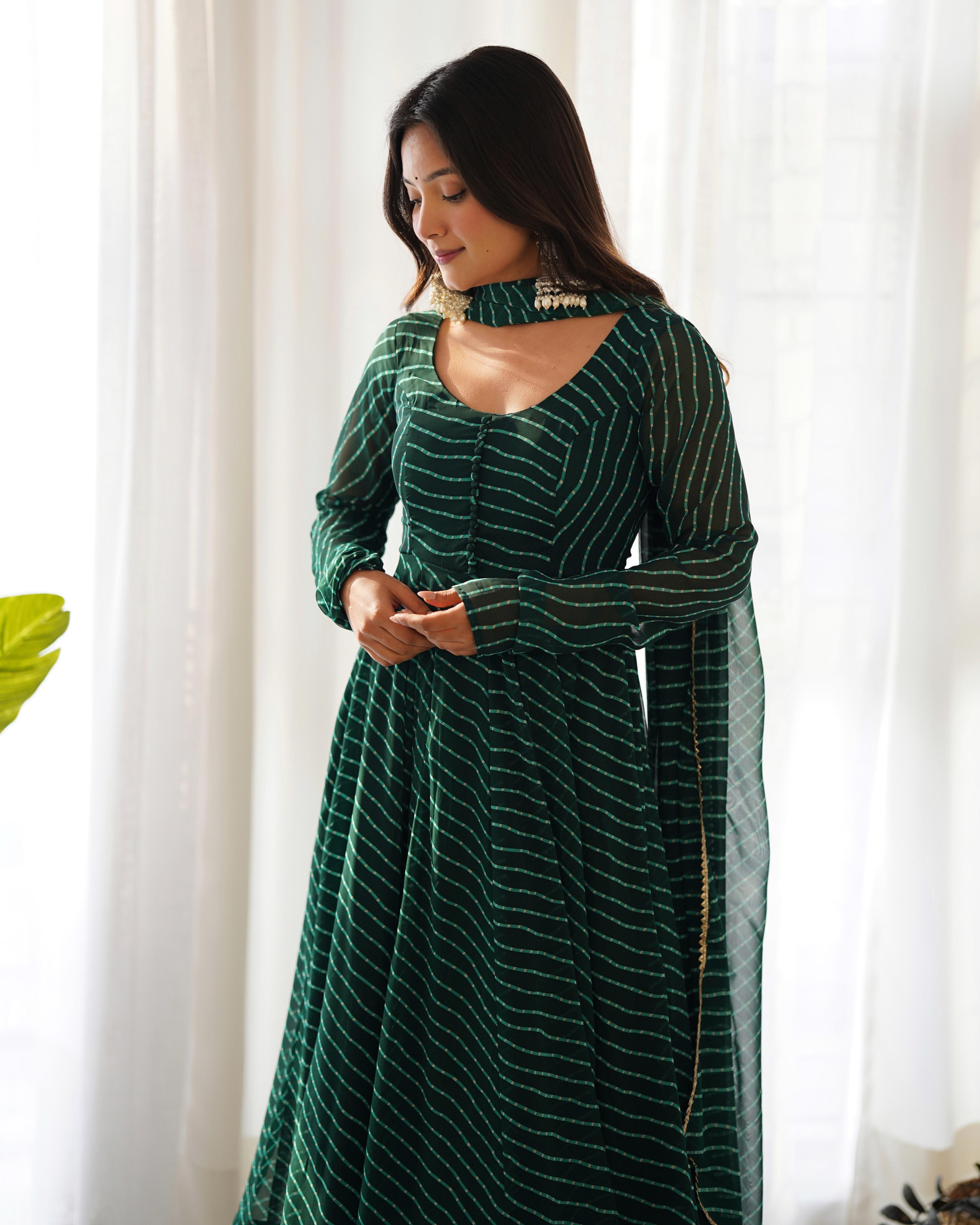 Outstanding Green Color Heavy Pure Fox Georgette Laheriya Print Anarkali Gown