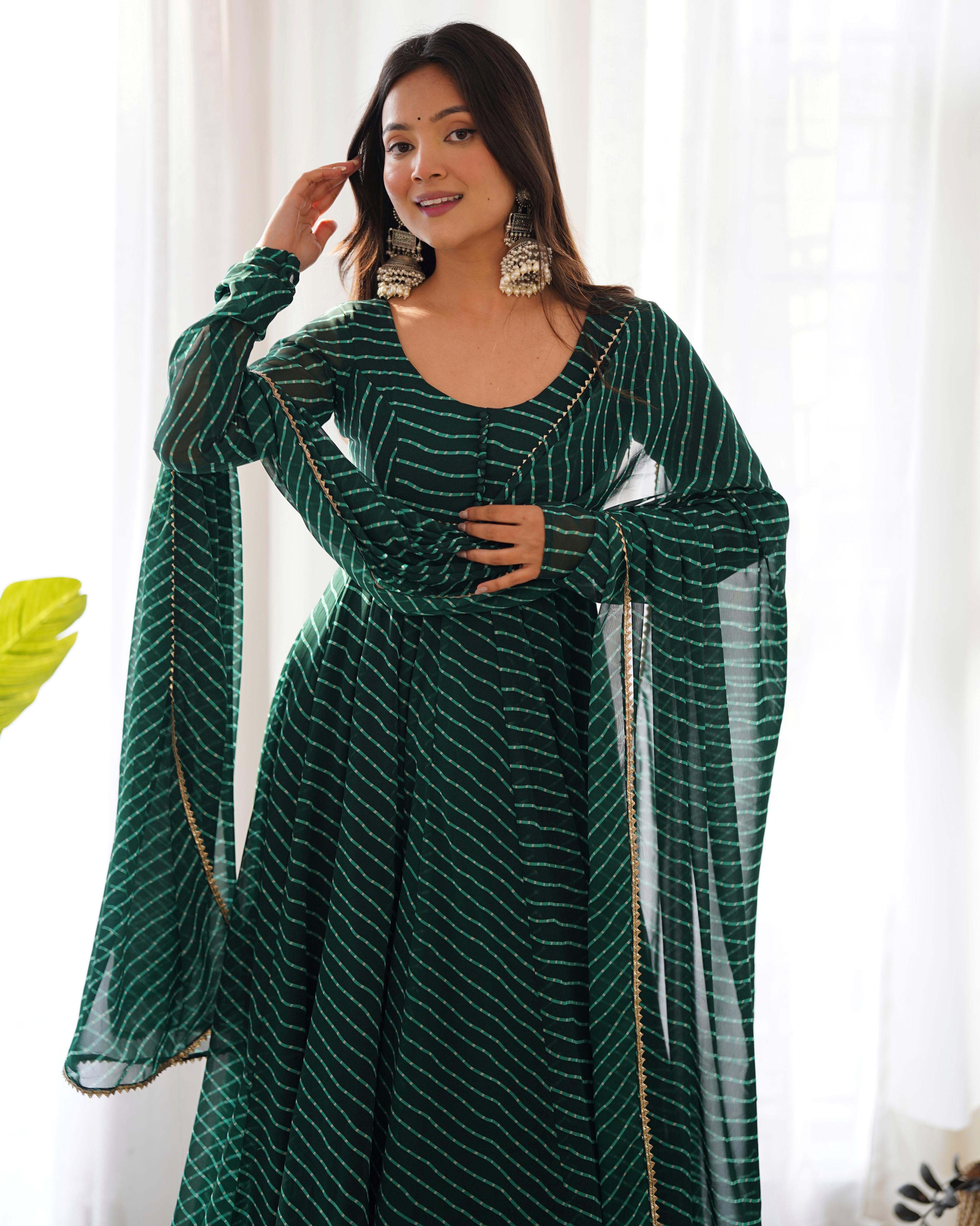 Outstanding Green Color Heavy Pure Fox Georgette Laheriya Print Anarkali Gown