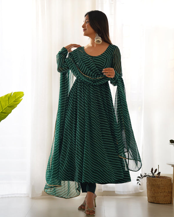 Outstanding Green Color Heavy Pure Fox Georgette Laheriya Print Anarkali Gown