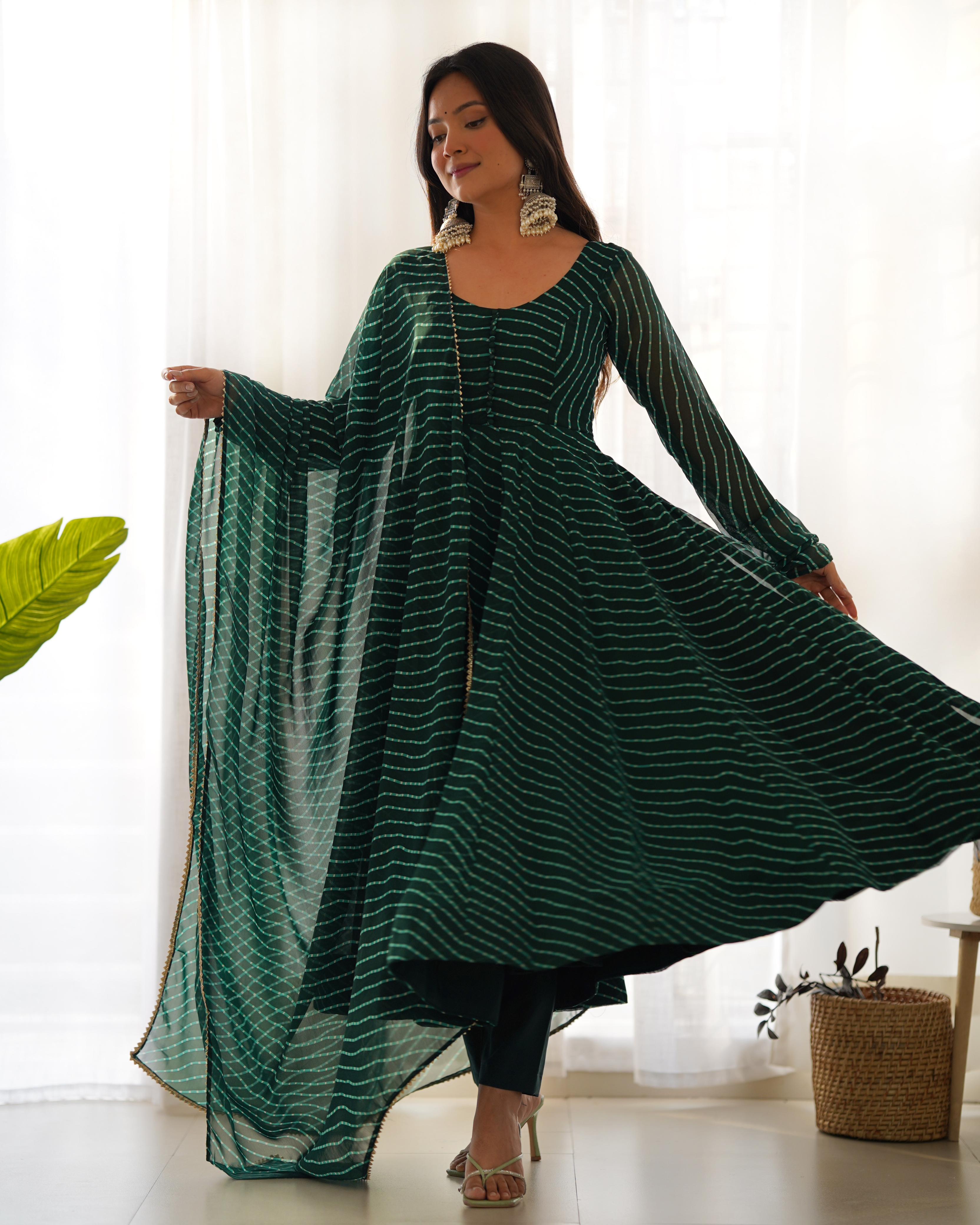 Outstanding Green Color Heavy Pure Fox Georgette Laheriya Print Anarkali Gown