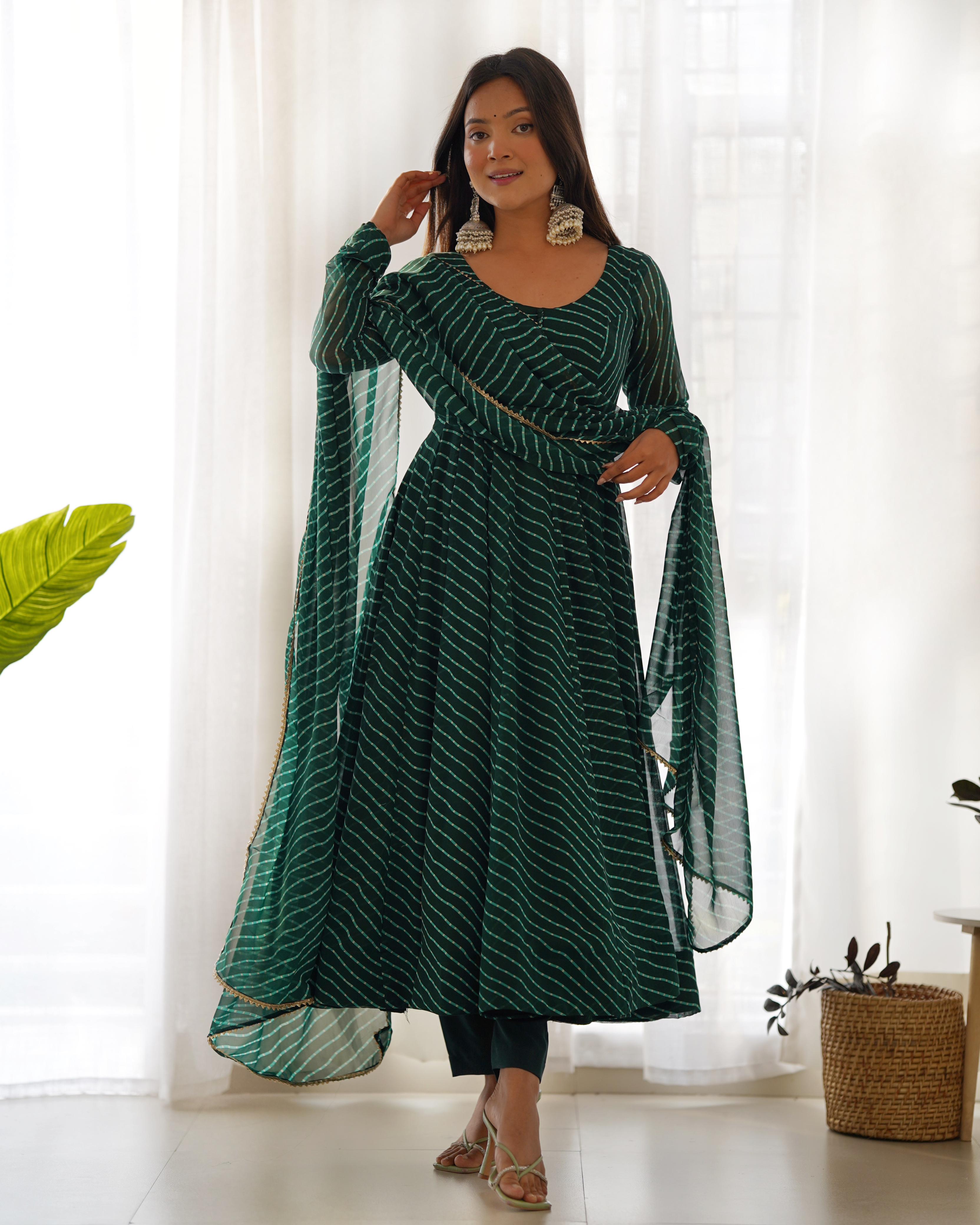 Outstanding Green Color Heavy Pure Fox Georgette Laheriya Print Anarkali Gown