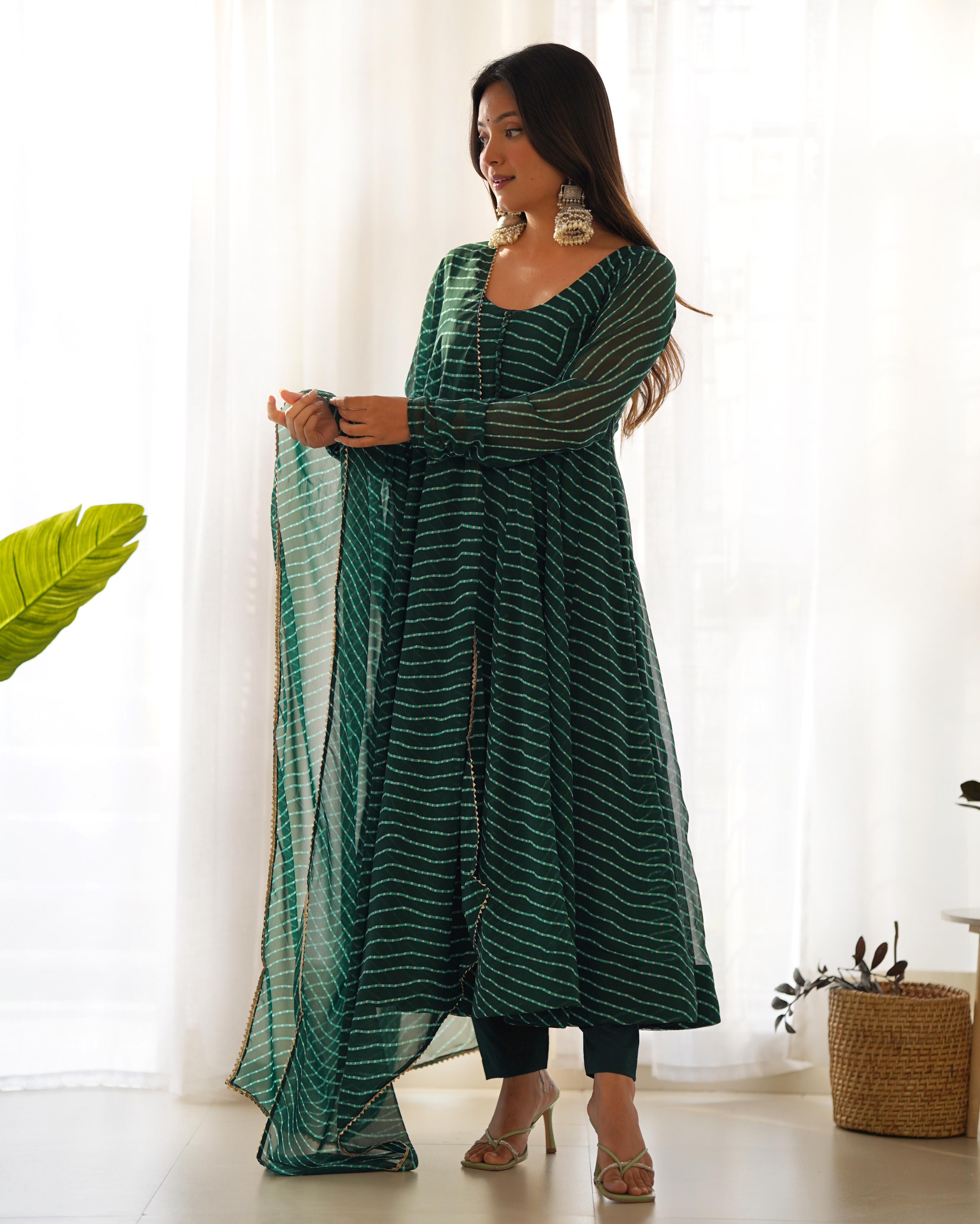 Outstanding Green Color Heavy Pure Fox Georgette Laheriya Print Anarkali Gown