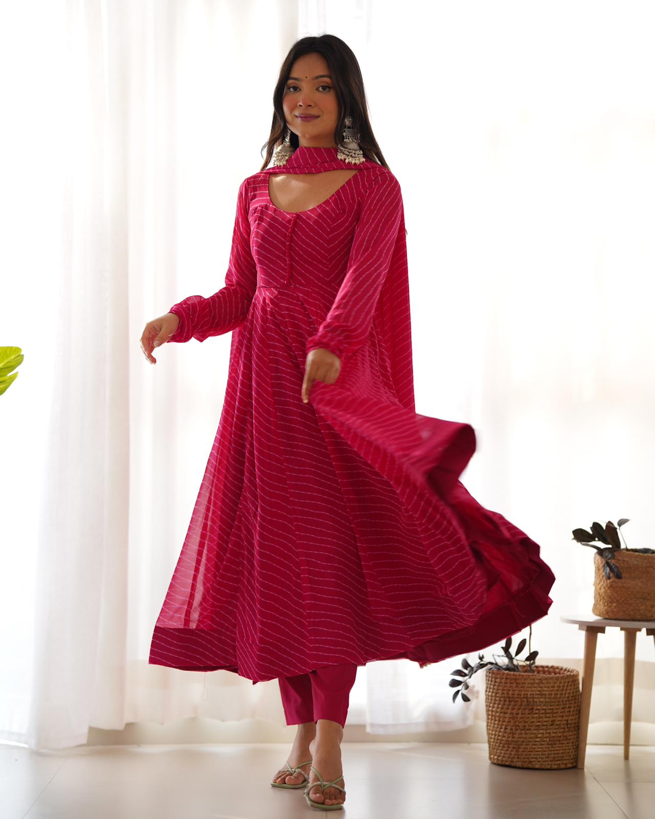 Eyes Catching Pink Color Heavy Pure Fox Georgette Laheriya Print Anarkali Gown