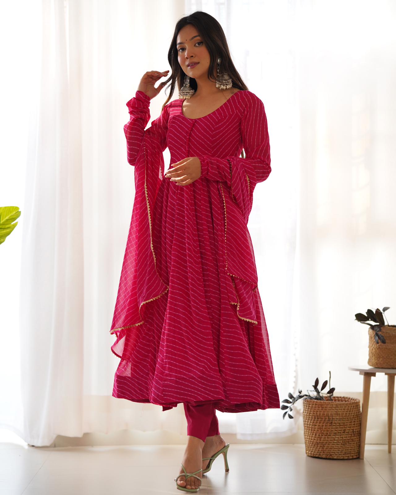 Eyes Catching Pink Color Heavy Pure Fox Georgette Laheriya Print Anarkali Gown