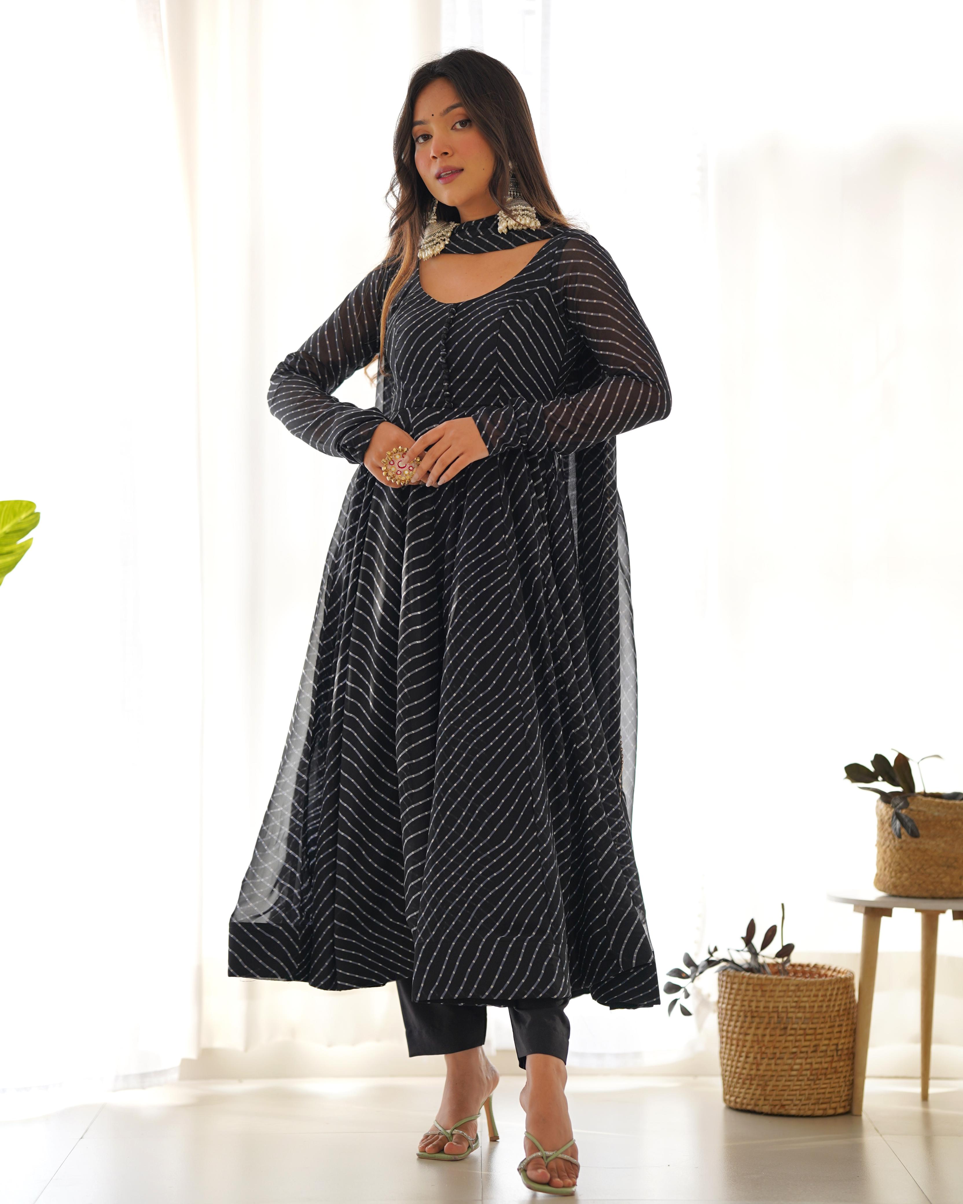 Fantastic Black Color Heavy Pure Fox Georgette Laheriya Print Anarkali Gown