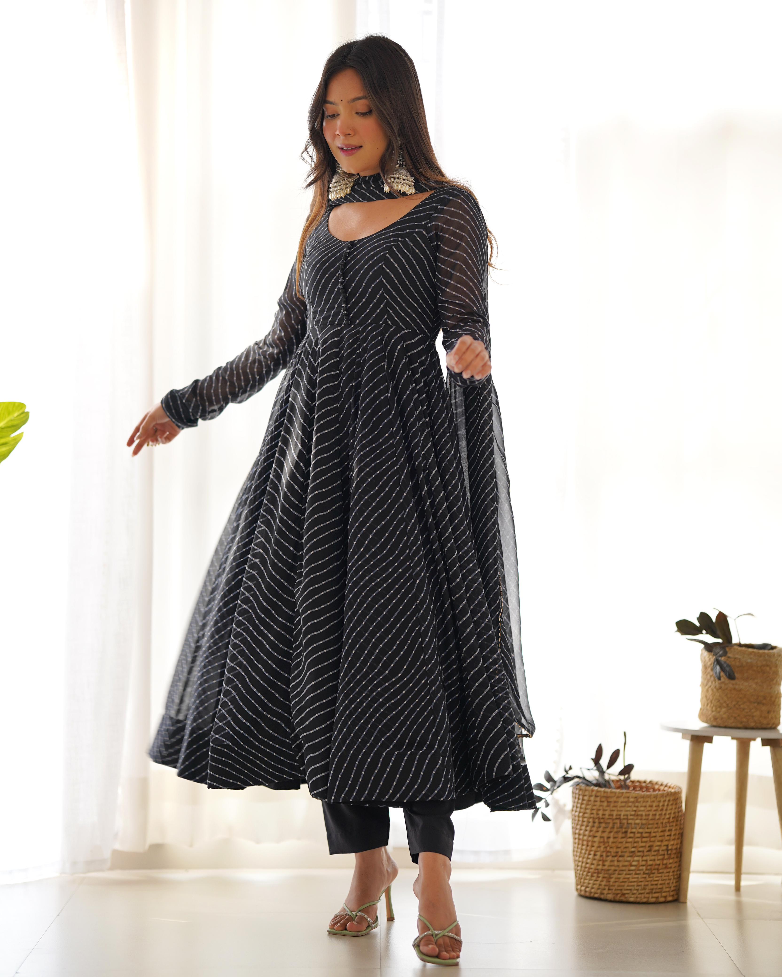 Fantastic Black Color Heavy Pure Fox Georgette Laheriya Print Anarkali Gown