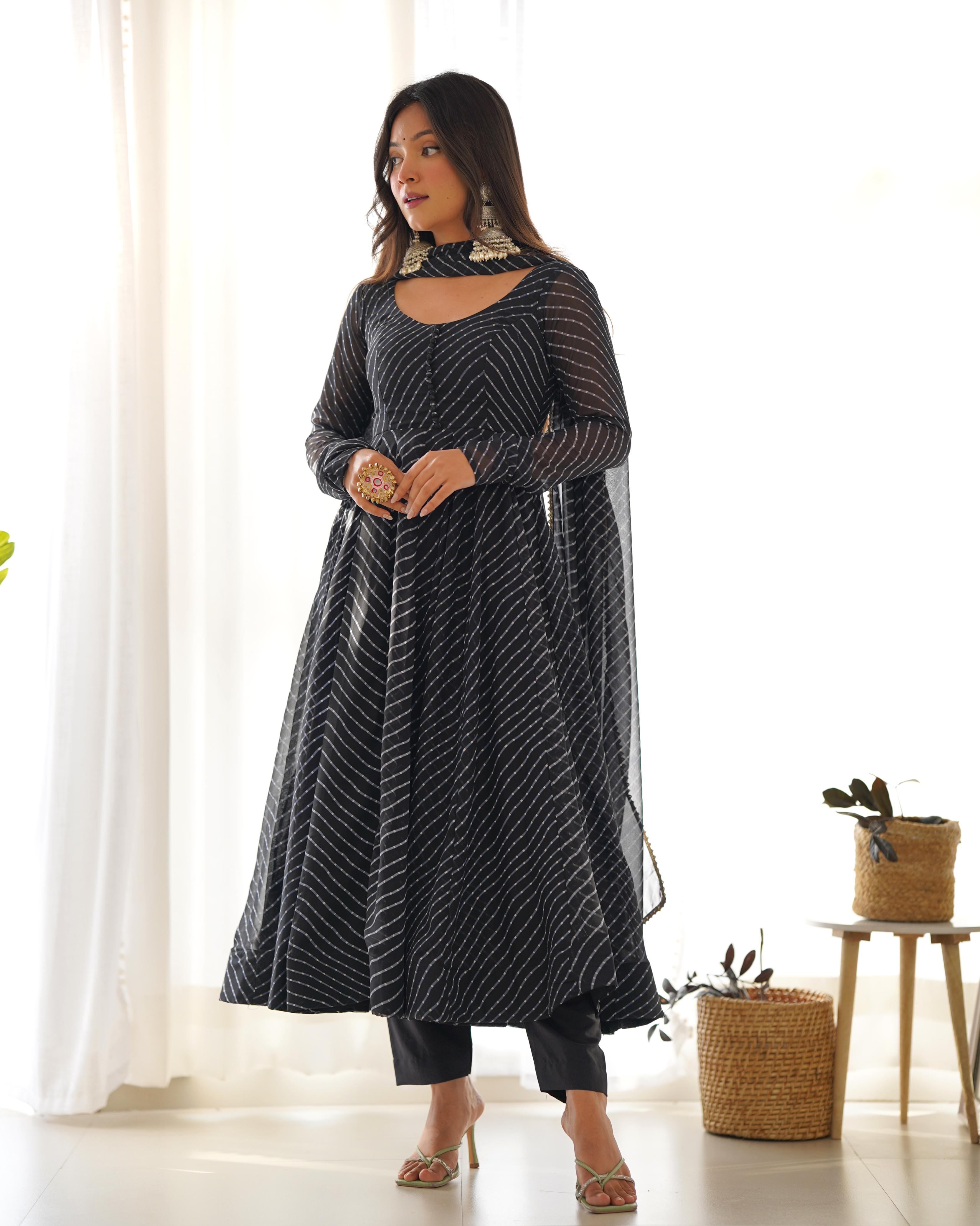 Fantastic Black Color Heavy Pure Fox Georgette Laheriya Print Anarkali Gown