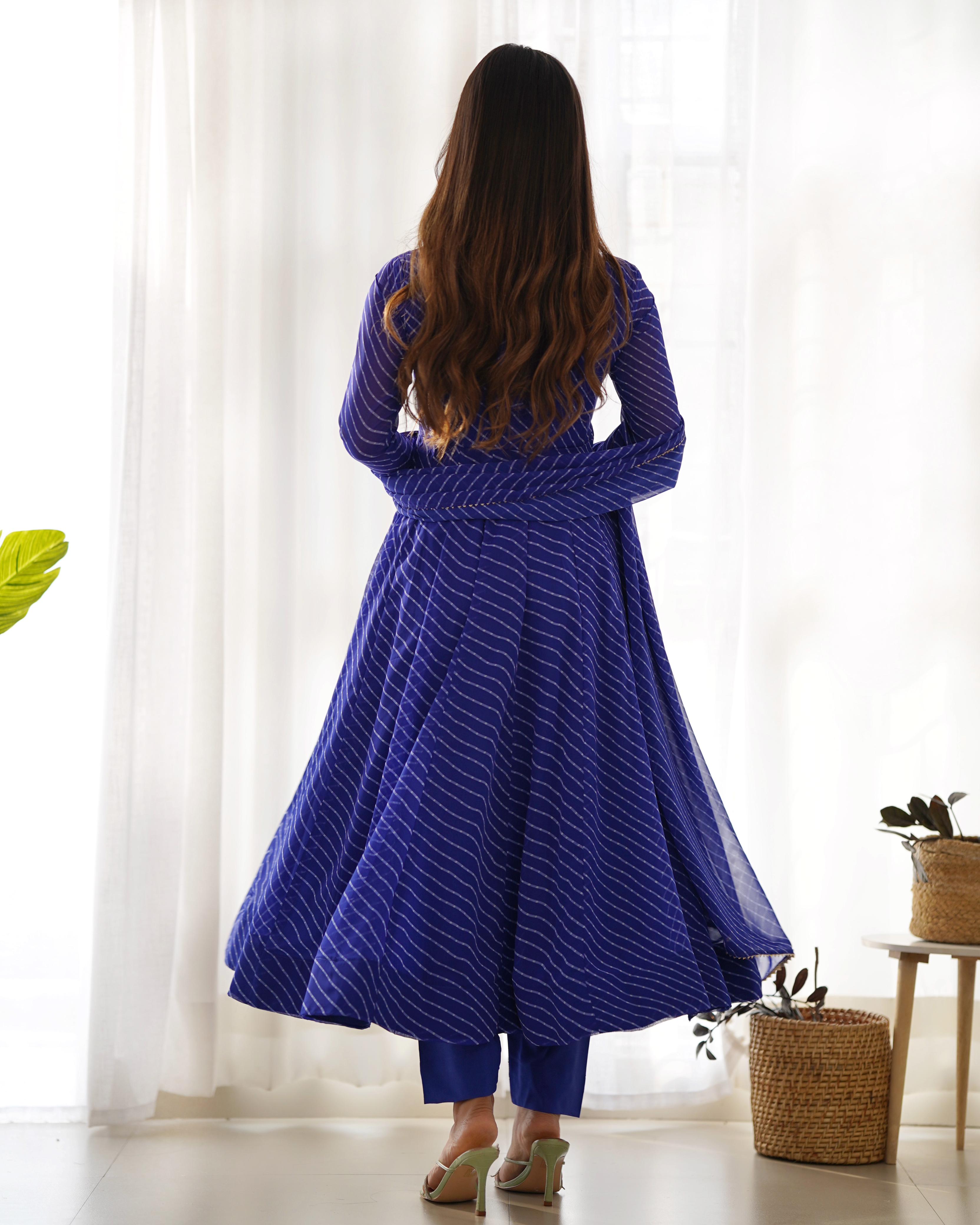 Royal Blue Color Heavy Pure Fox Georgette Laheriya Print Anarkali Gown