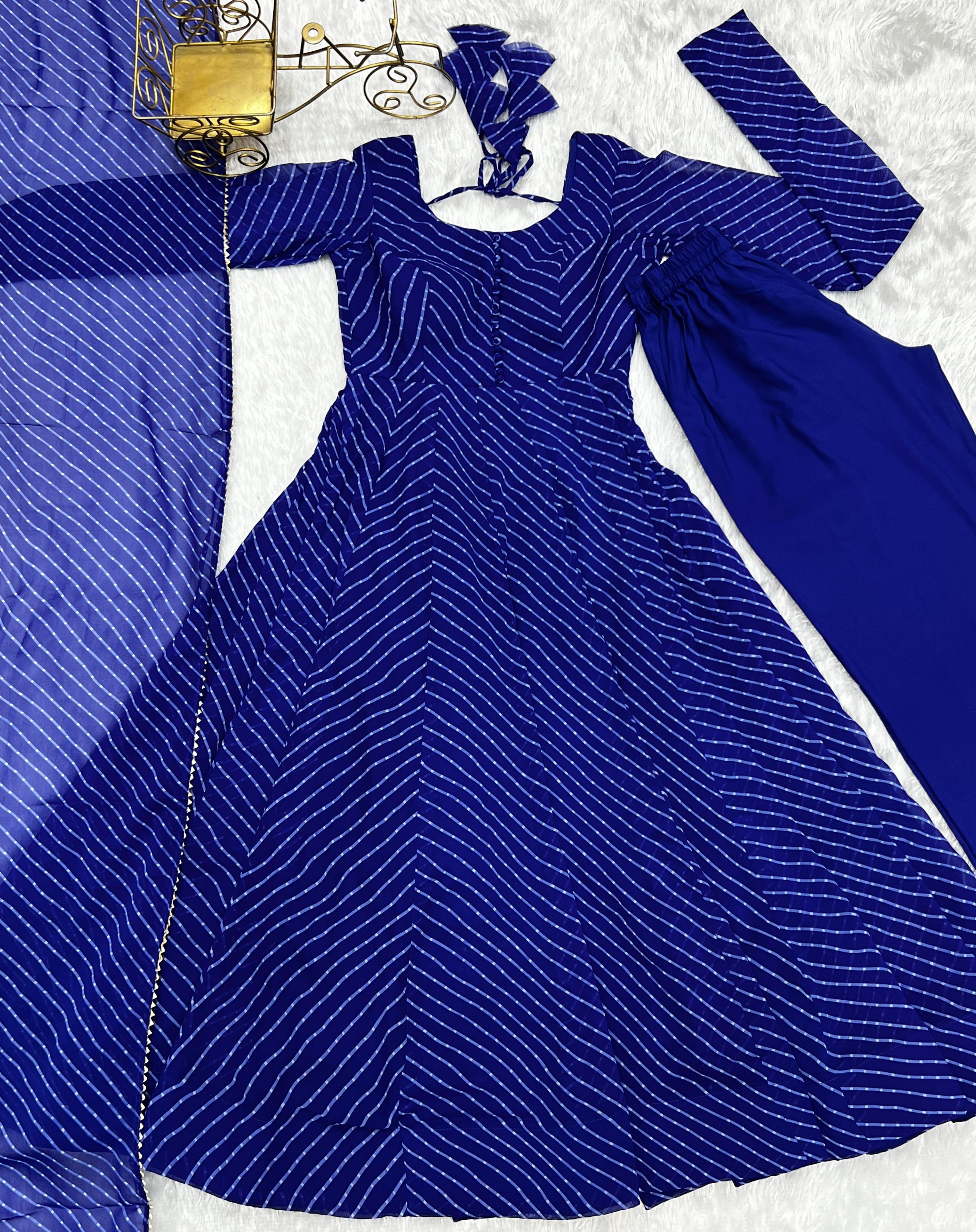 Royal Blue Color Heavy Pure Fox Georgette Laheriya Print Anarkali Gown