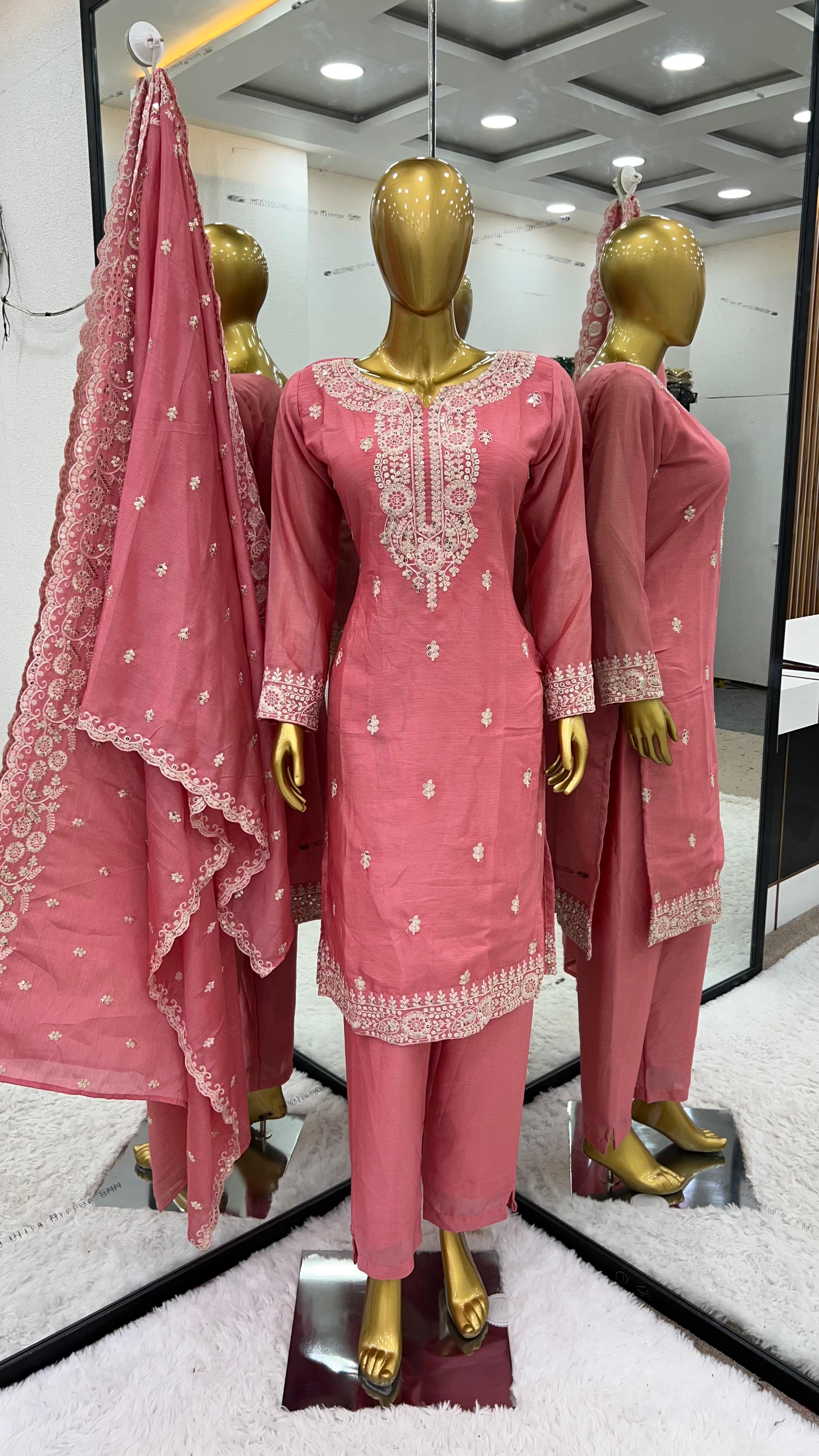 Fantastic Peach Color Pure Chinon Silk Designer Salwar Suit