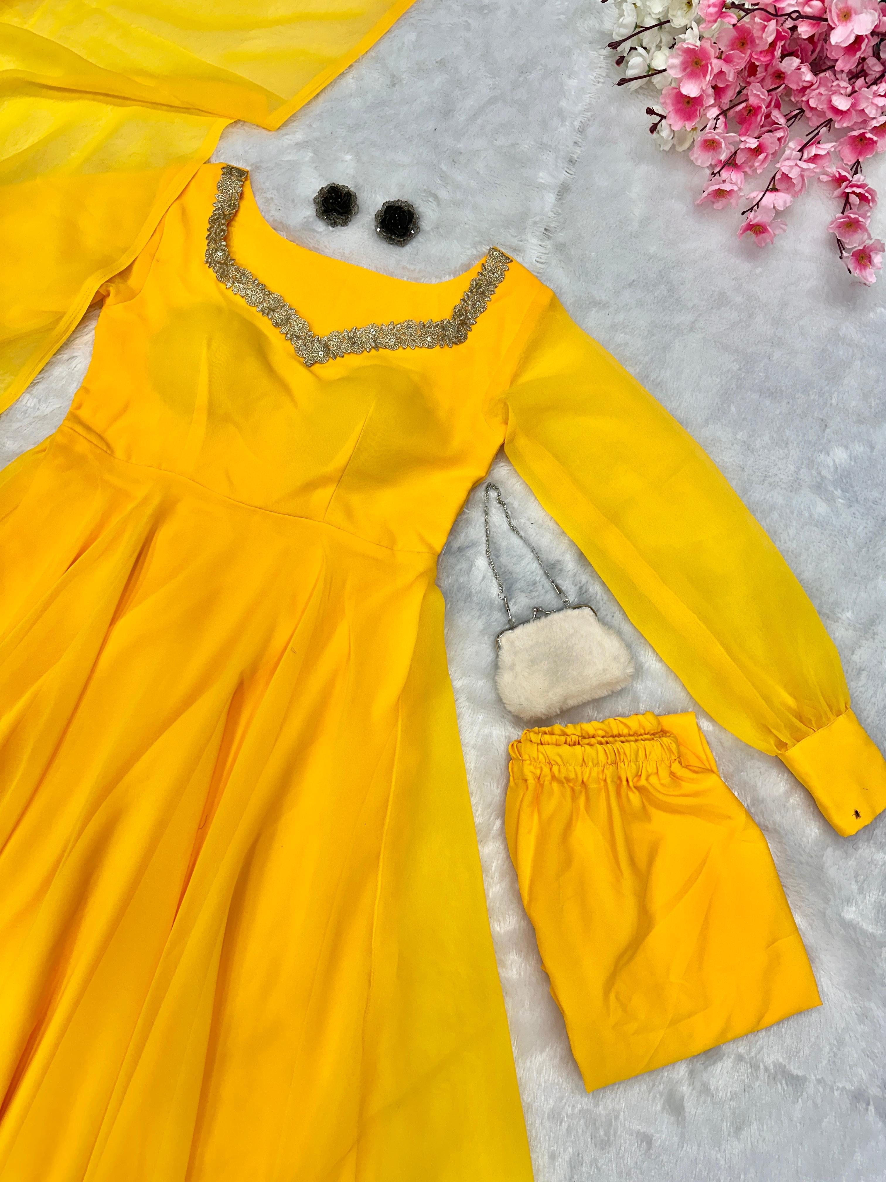 Special Haldi Rasam Yellow Color Pure Georgette With Huge Flair Anarkali Suit