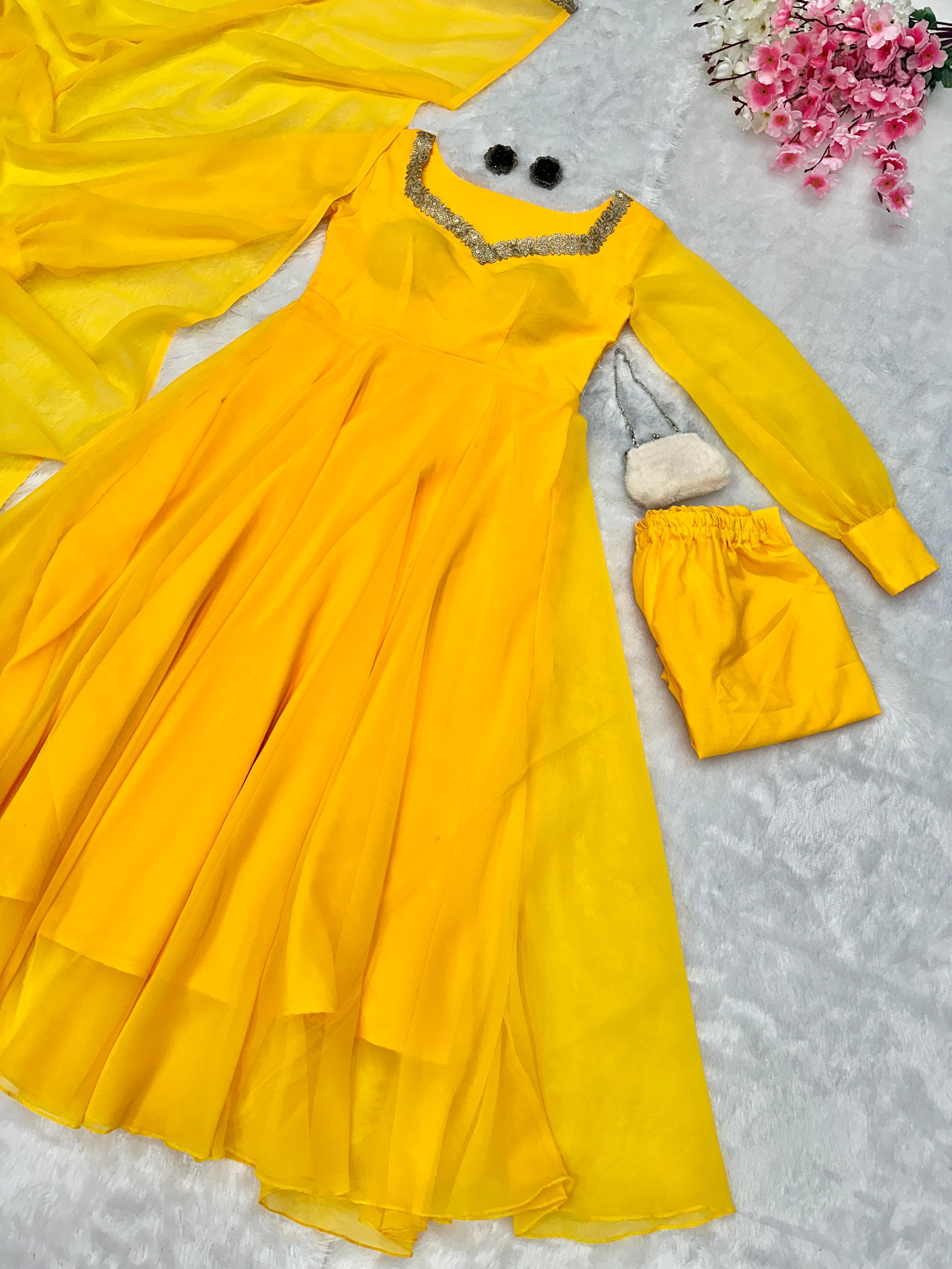 Special Haldi Rasam Yellow Color Pure Georgette With Huge Flair Anarkali Suit