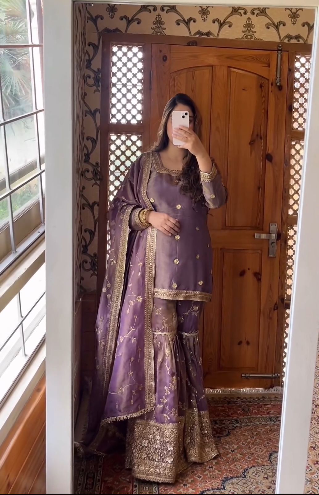 Lovely Puple Color Pure Chinon Silk With Heavy Embroidery Sequence Work Designer Sharara Suit