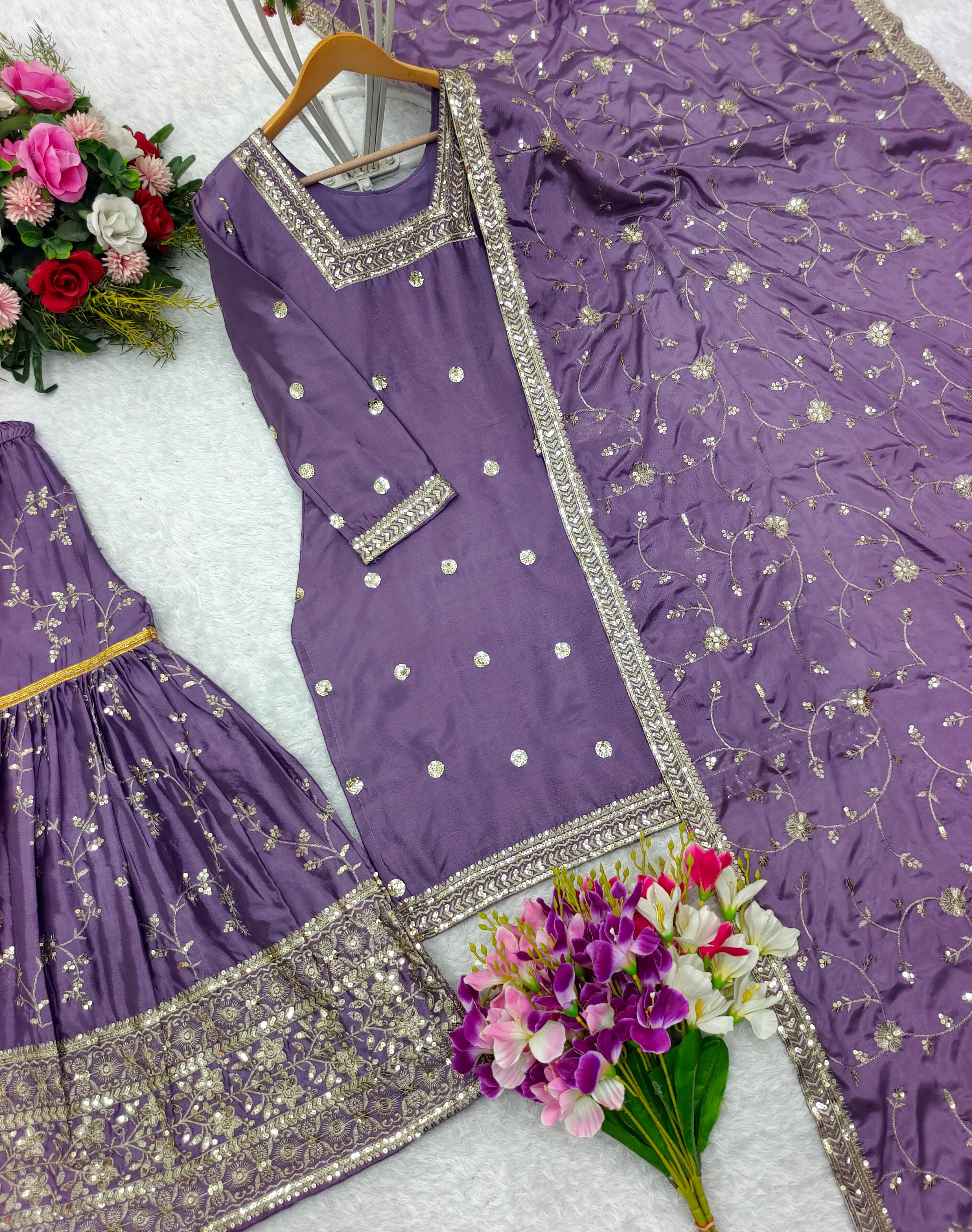 Lovely Puple Color Pure Chinon Silk With Heavy Embroidery Sequence Work Designer Sharara Suit