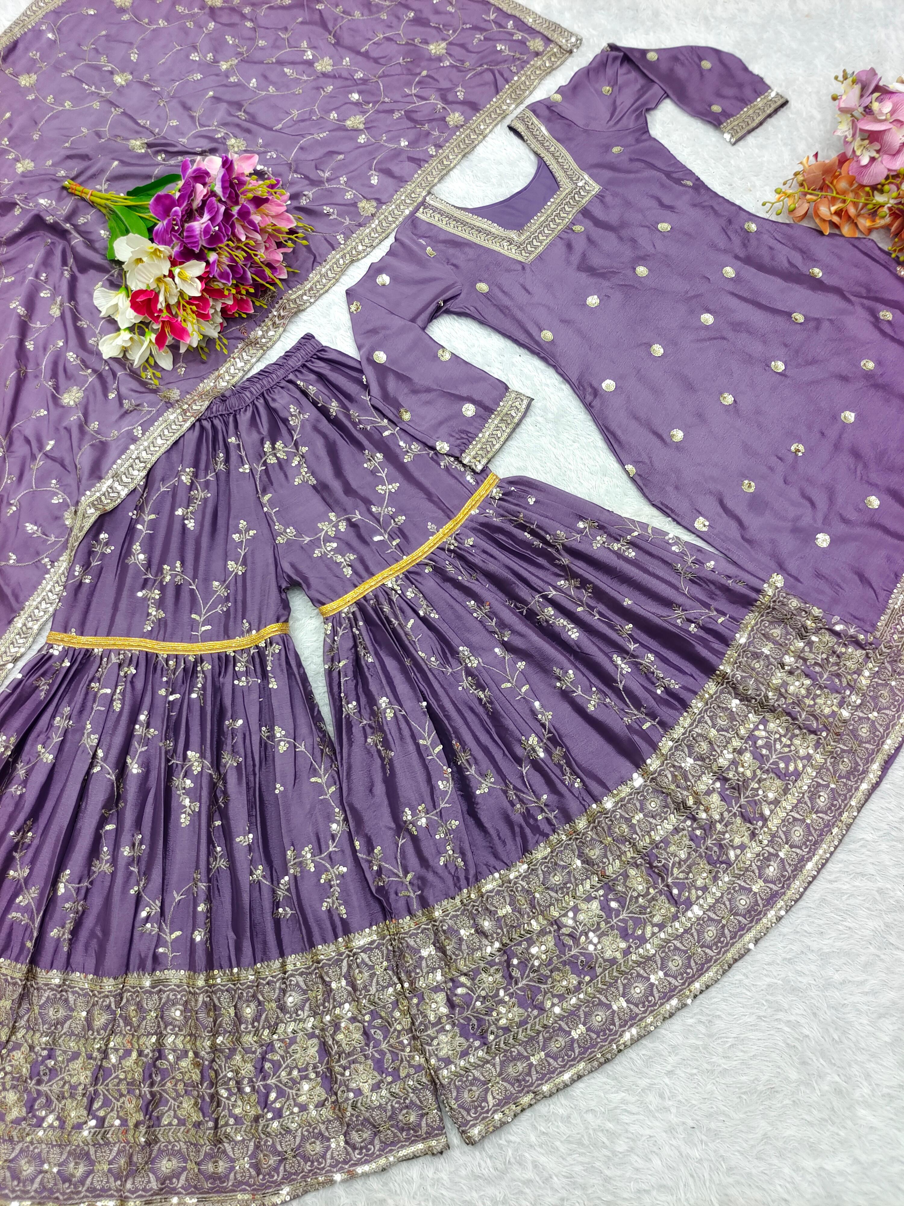 Lovely Puple Color Pure Chinon Silk With Heavy Embroidery Sequence Work Designer Sharara Suit