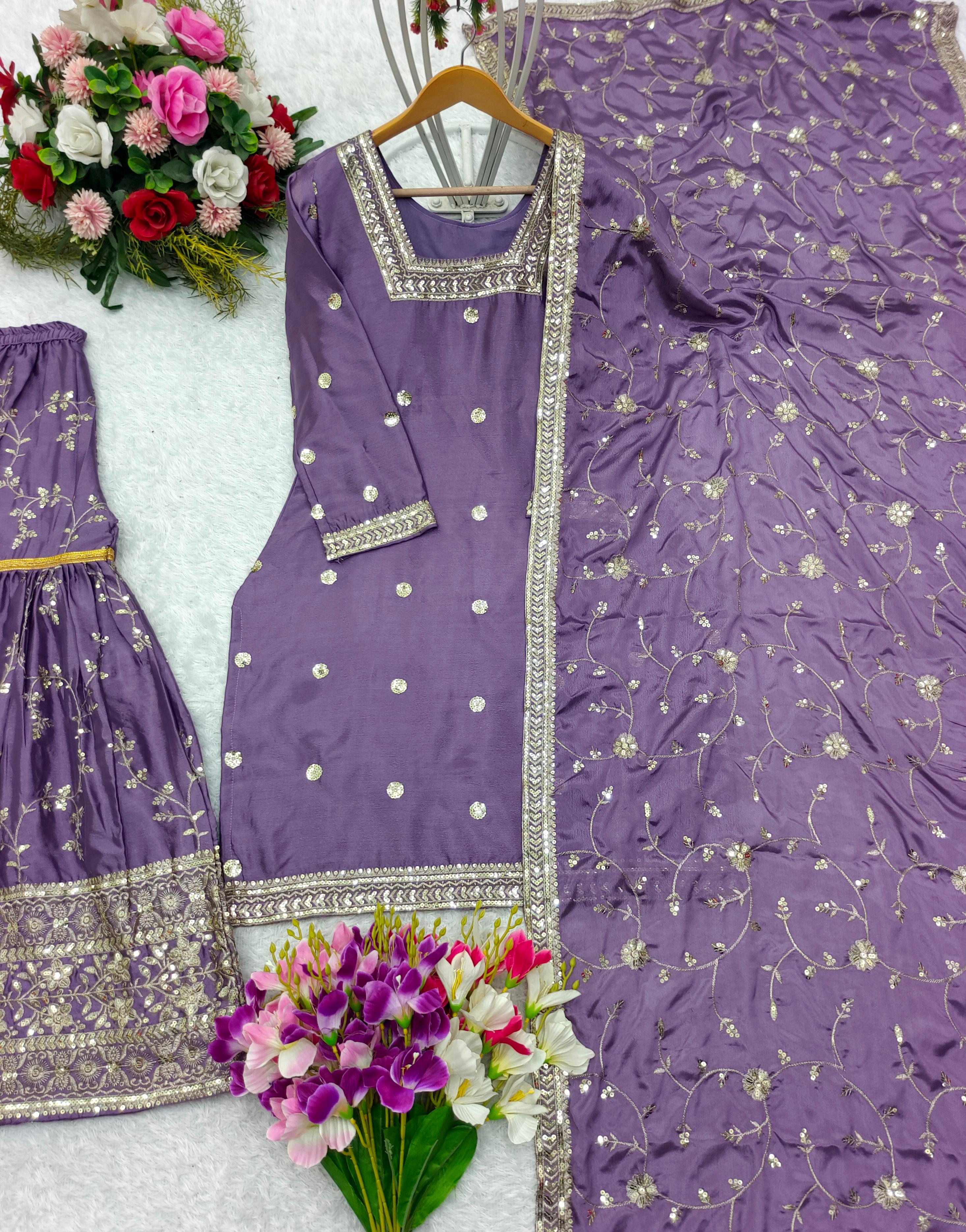 Lovely Puple Color Pure Chinon Silk With Heavy Embroidery Sequence Work Designer Sharara Suit