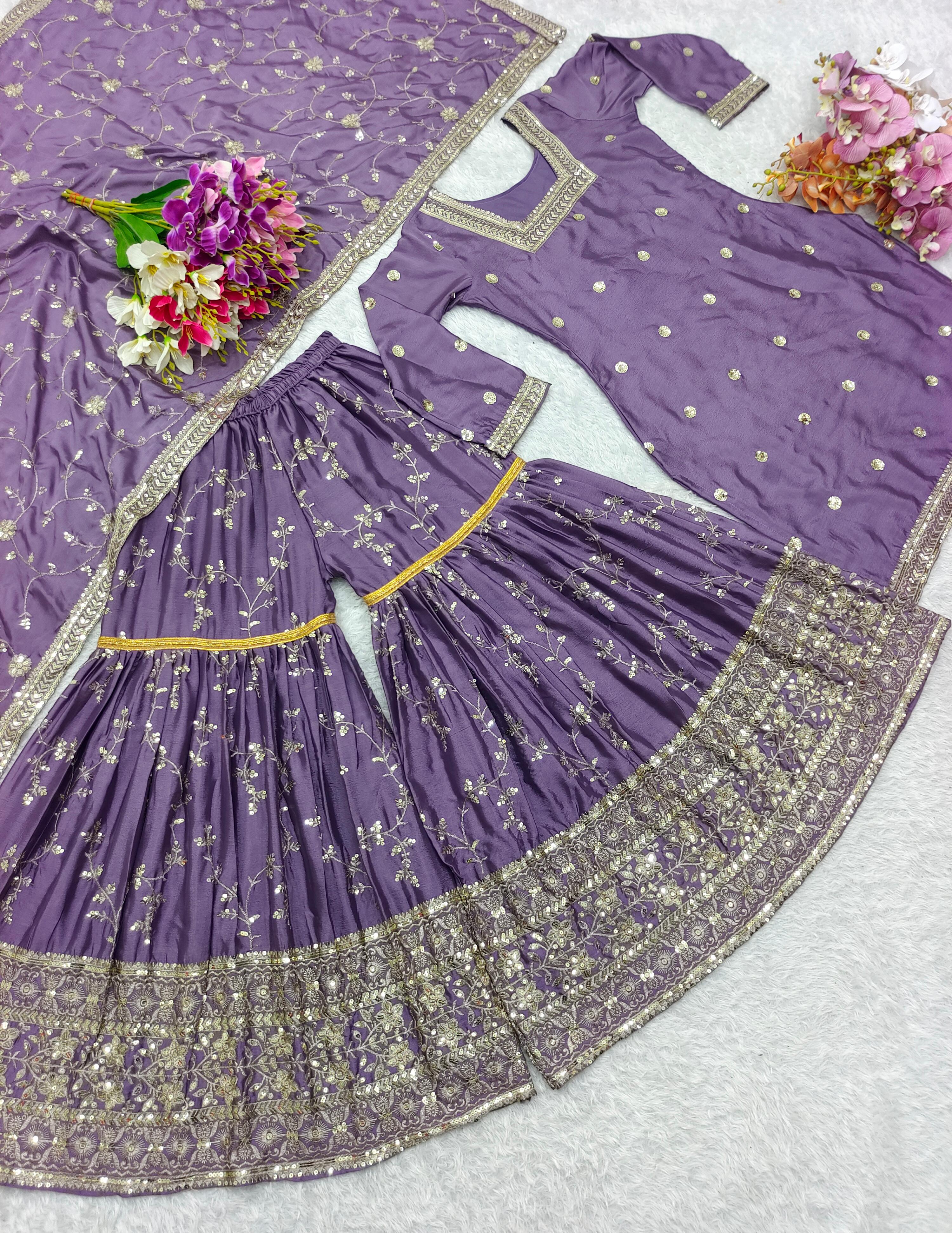 Lovely Puple Color Pure Chinon Silk With Heavy Embroidery Sequence Work Designer Sharara Suit