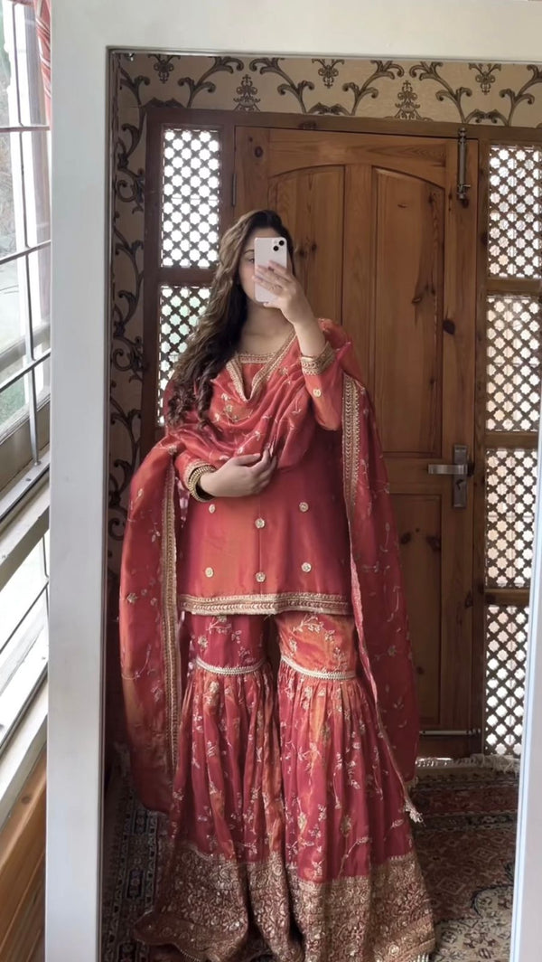 Wedding Wear Dusty Pink Pure Chinon Silk With Heavy Embroidery Sequence Work Designer Sharara Suit