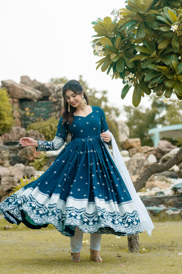 Wedding Wear Teal Blue Color Faux Georgette With Embroidery Work Designer Anarkali Suit