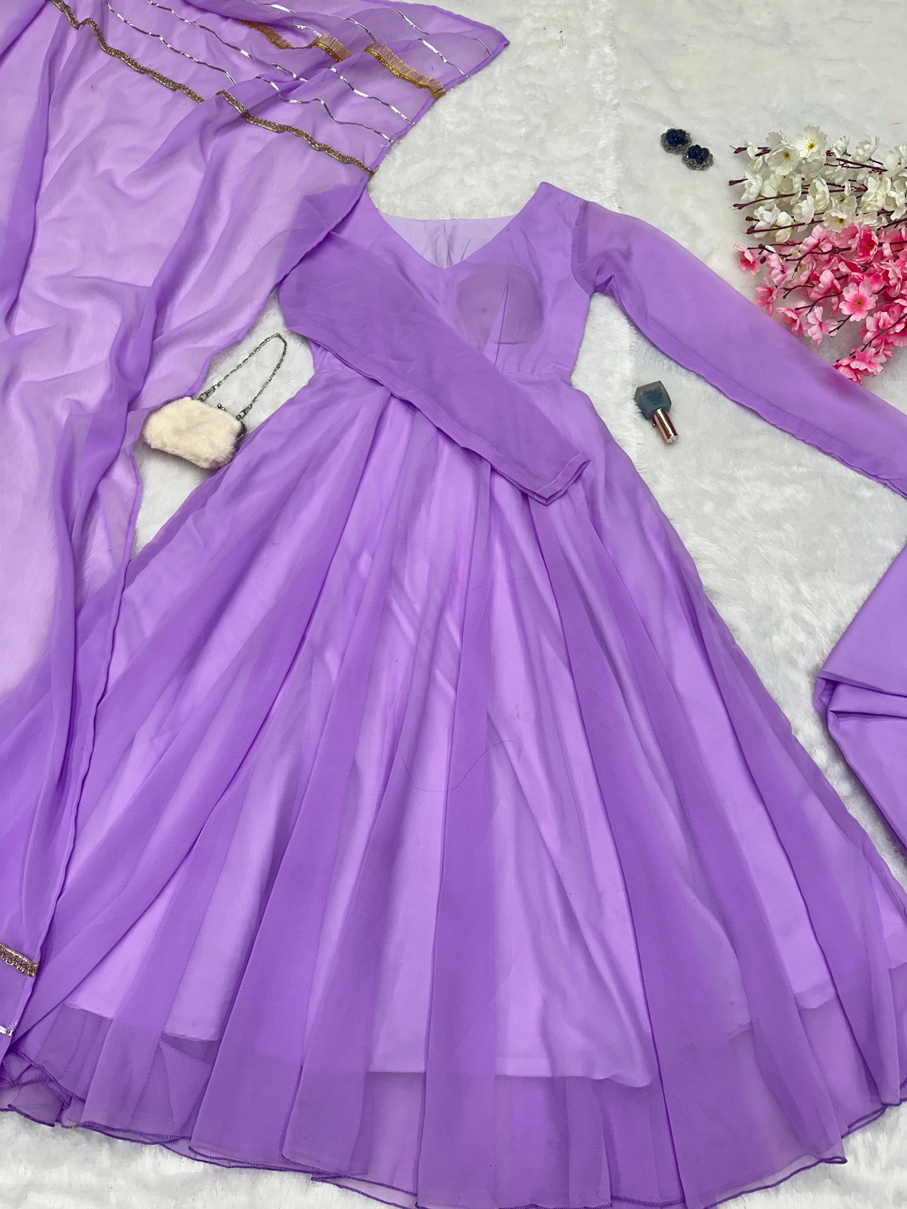 Eyes Catching Lavender Color Georgette With Huge Flair Designer Gown