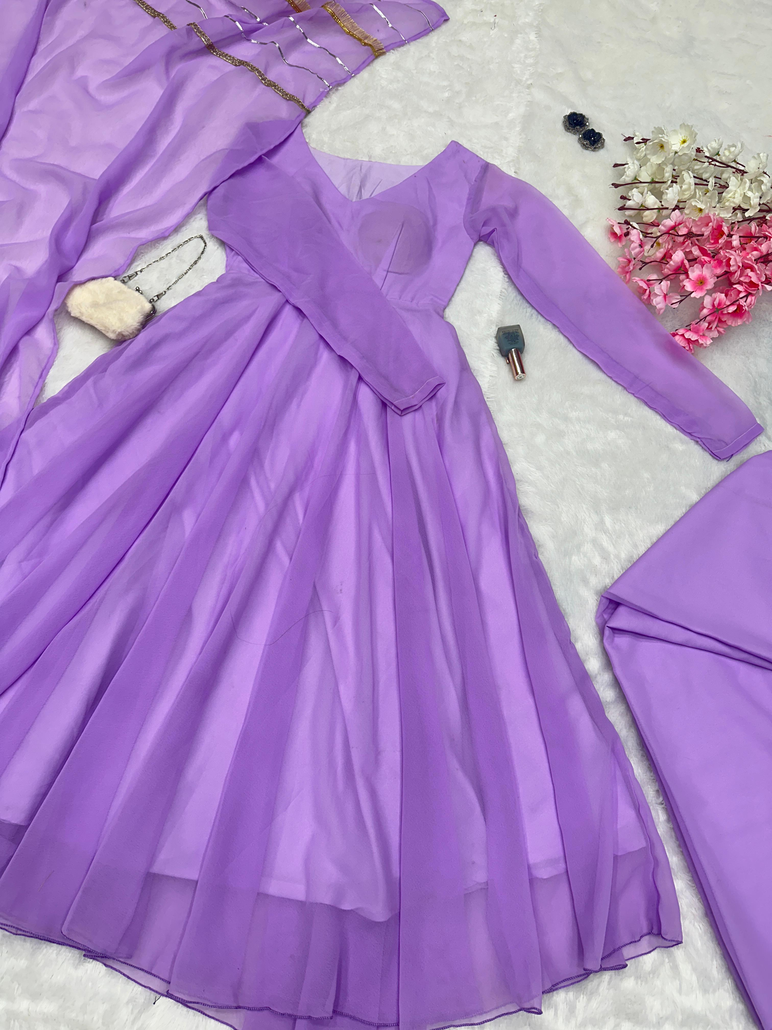 Eyes Catching Lavender Color Georgette With Huge Flair Designer Gown