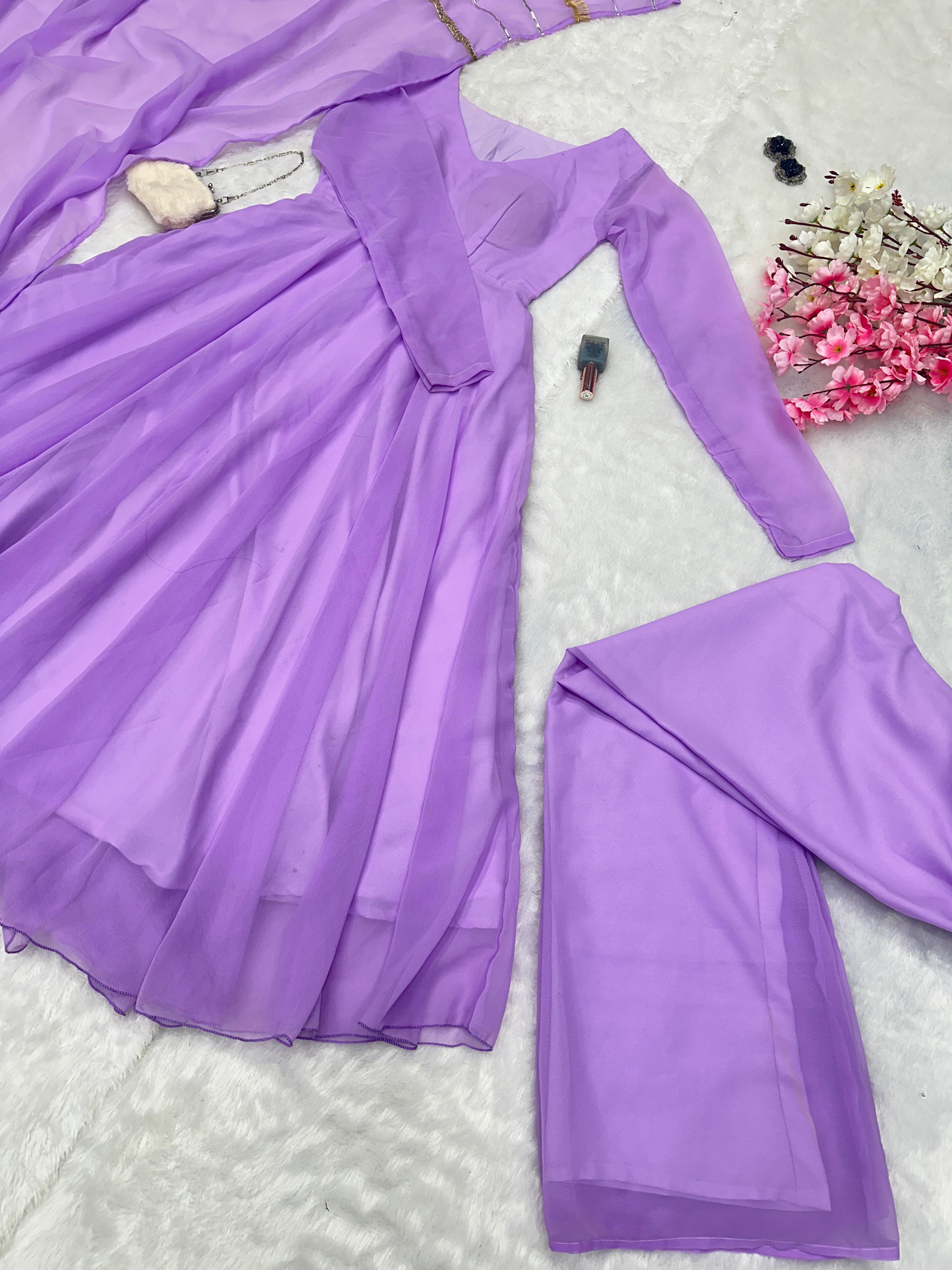 Eyes Catching Lavender Color Georgette With Huge Flair Designer Gown