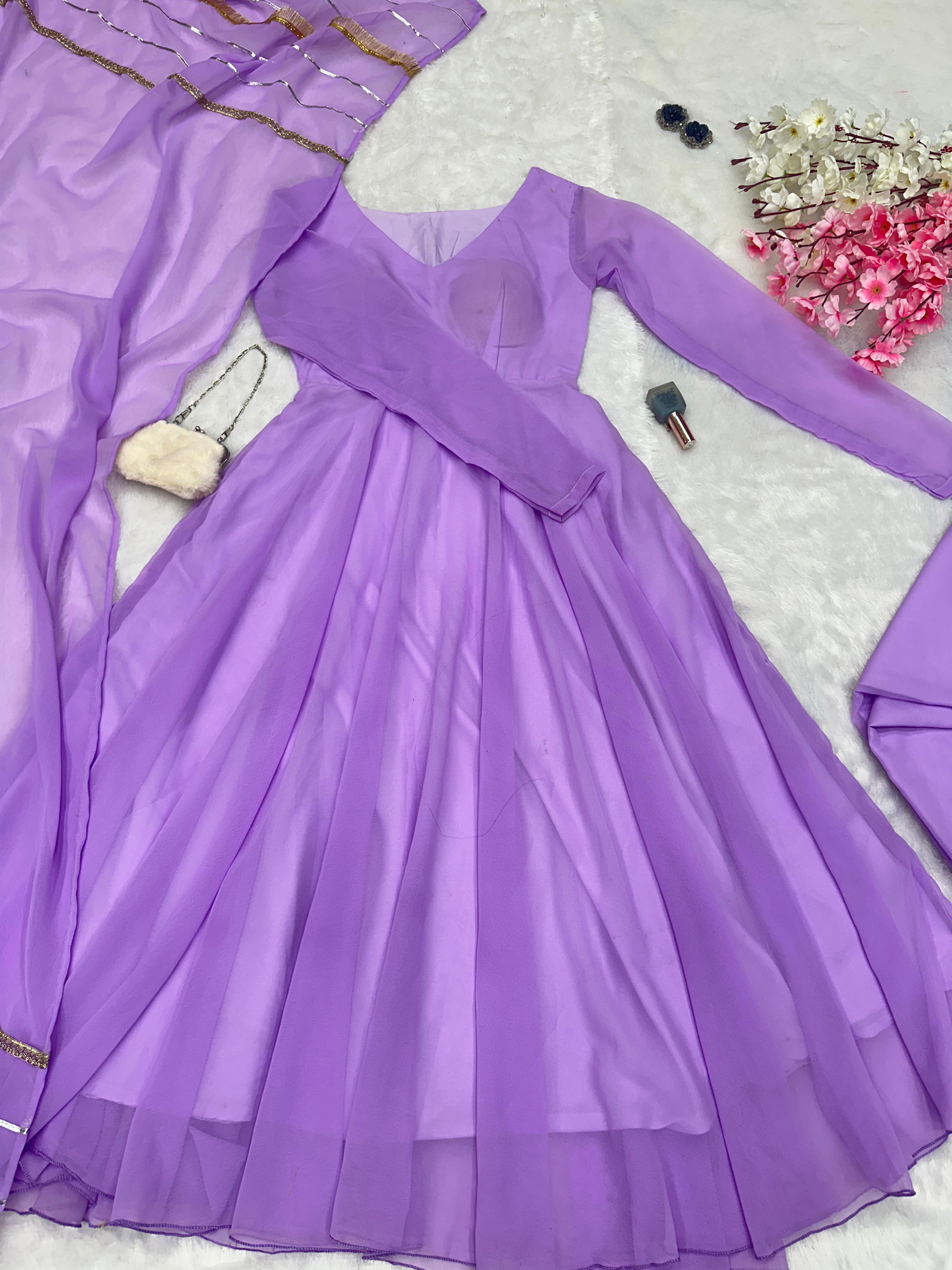 Eyes Catching Lavender Color Georgette With Huge Flair Designer Gown