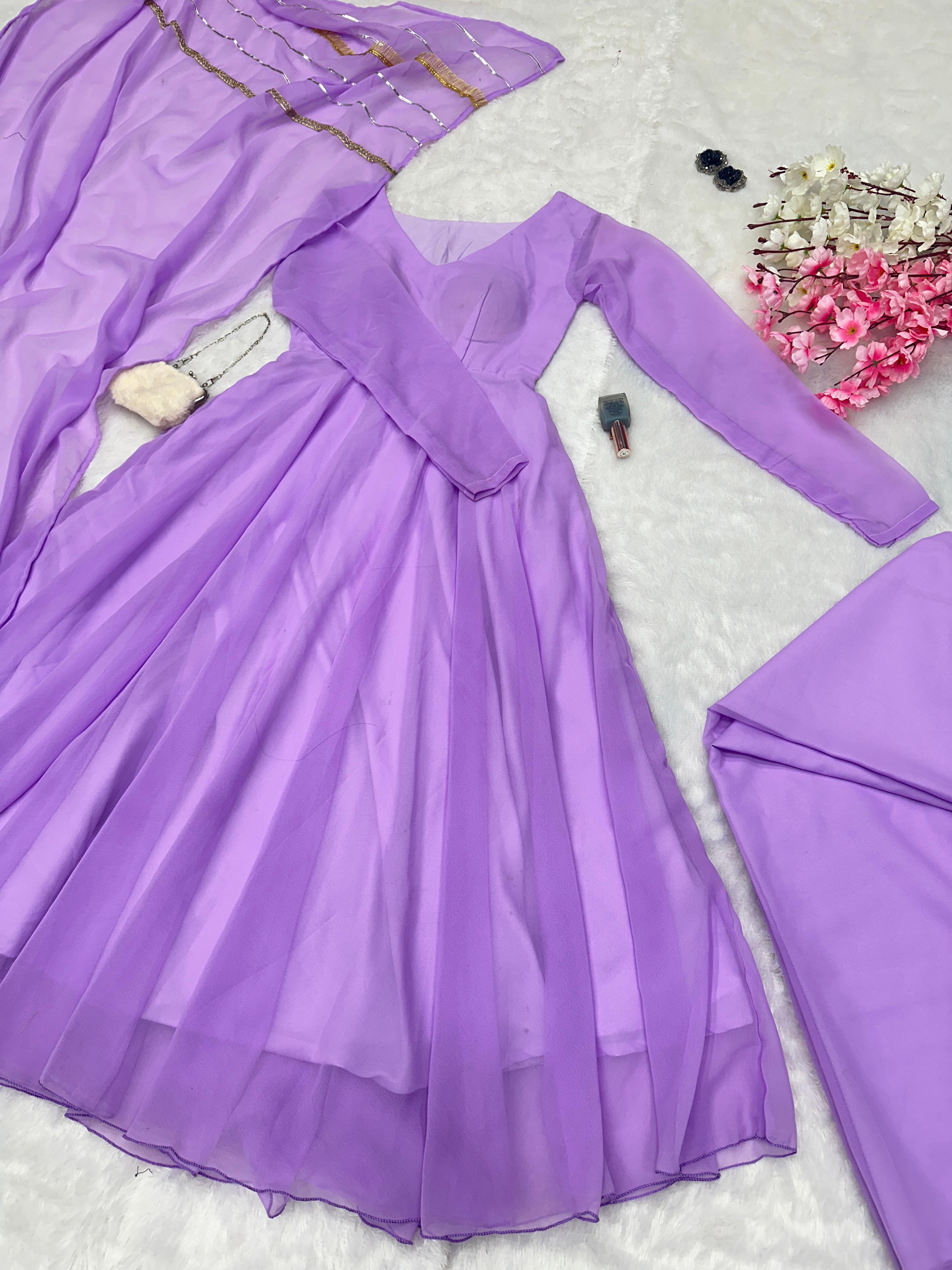 Eyes Catching Lavender Color Georgette With Huge Flair Designer Gown