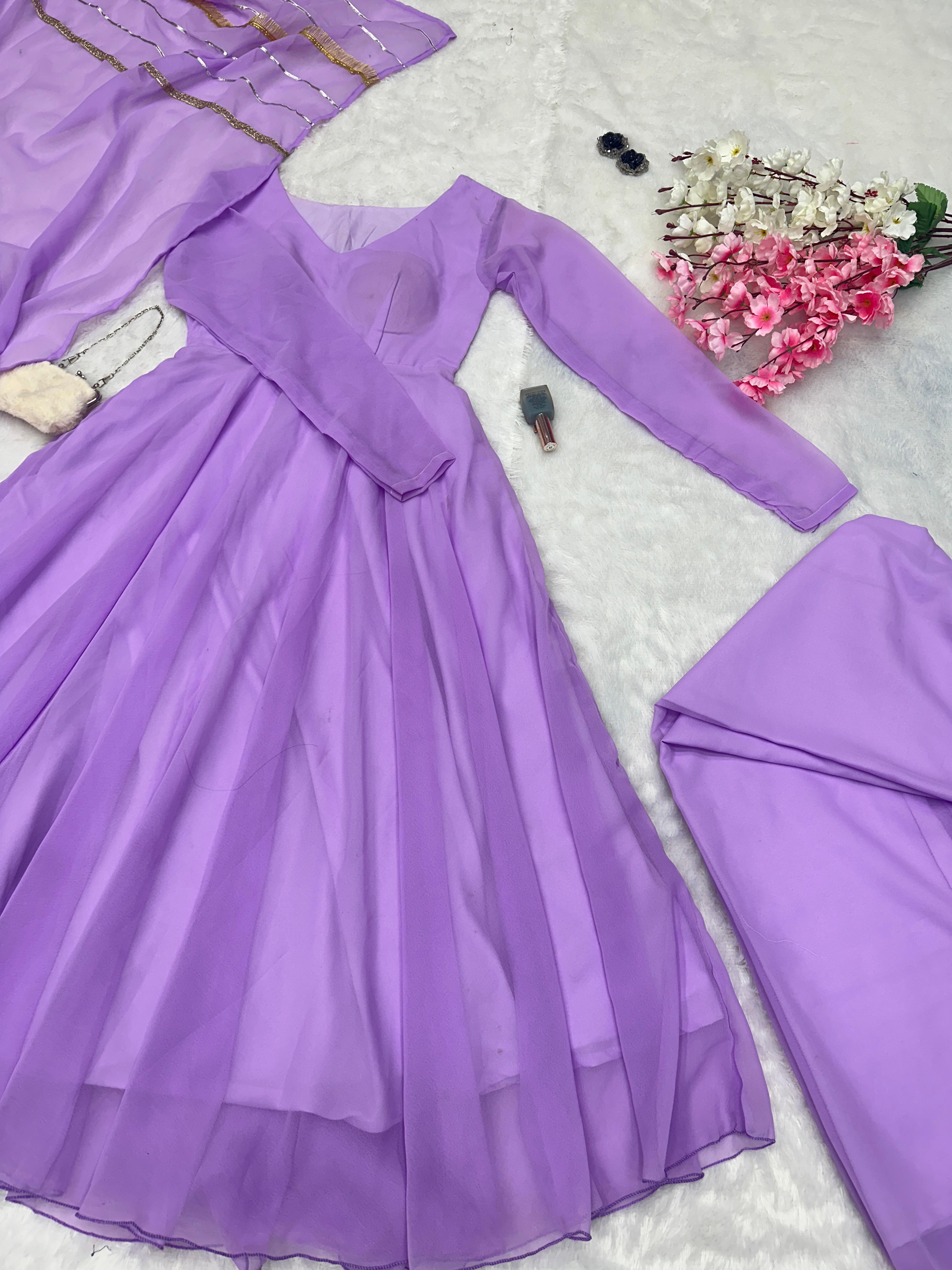 Eyes Catching Lavender Color Georgette With Huge Flair Designer Gown