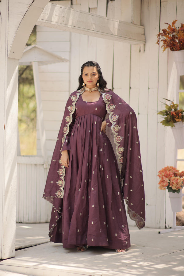 Function Wear Onion Color Vichitra With Rich Sequins Embroidered Work Anarkali Gown