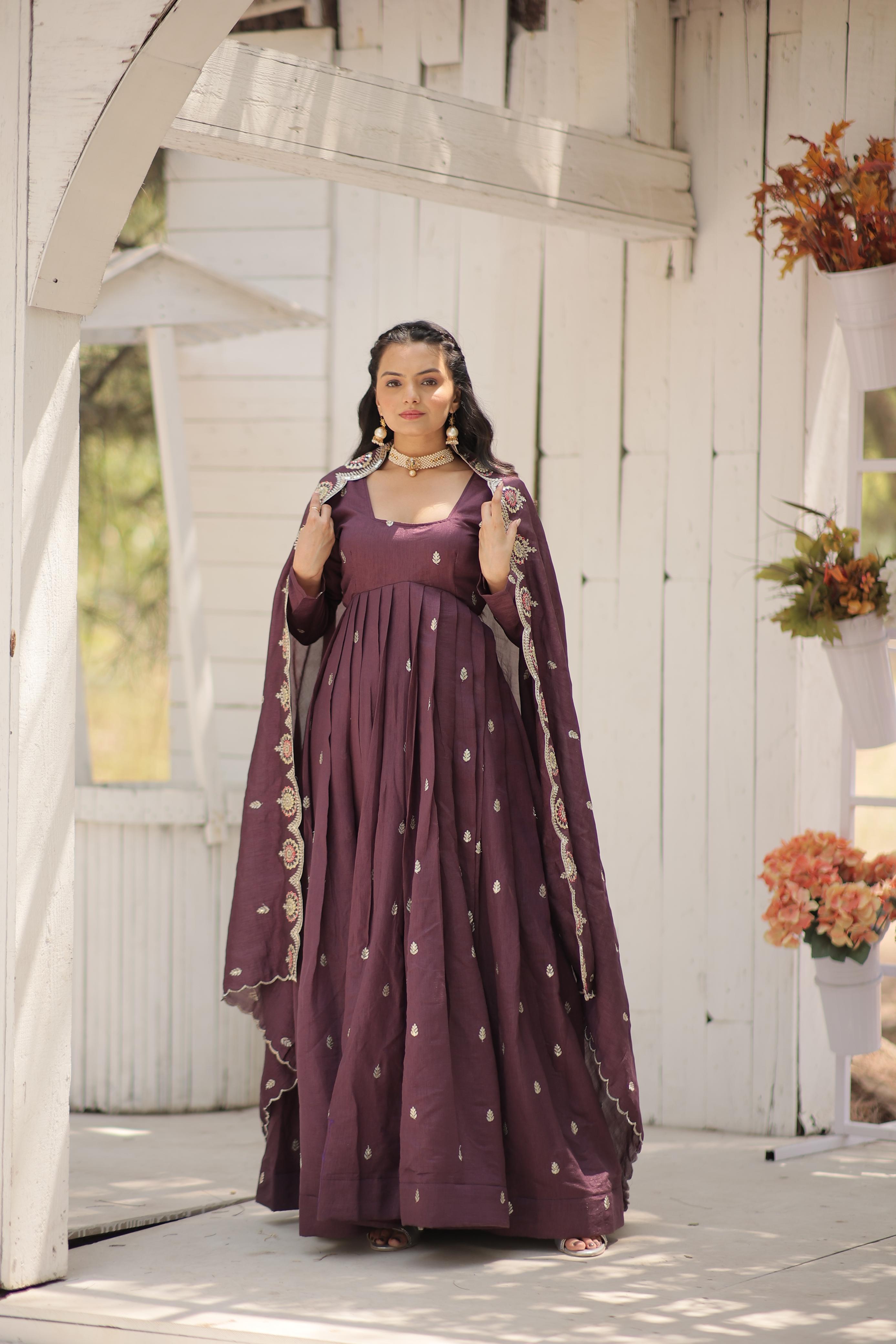 Function Wear Onion Color Vichitra With Rich Sequins Embroidered Work Anarkali Gown