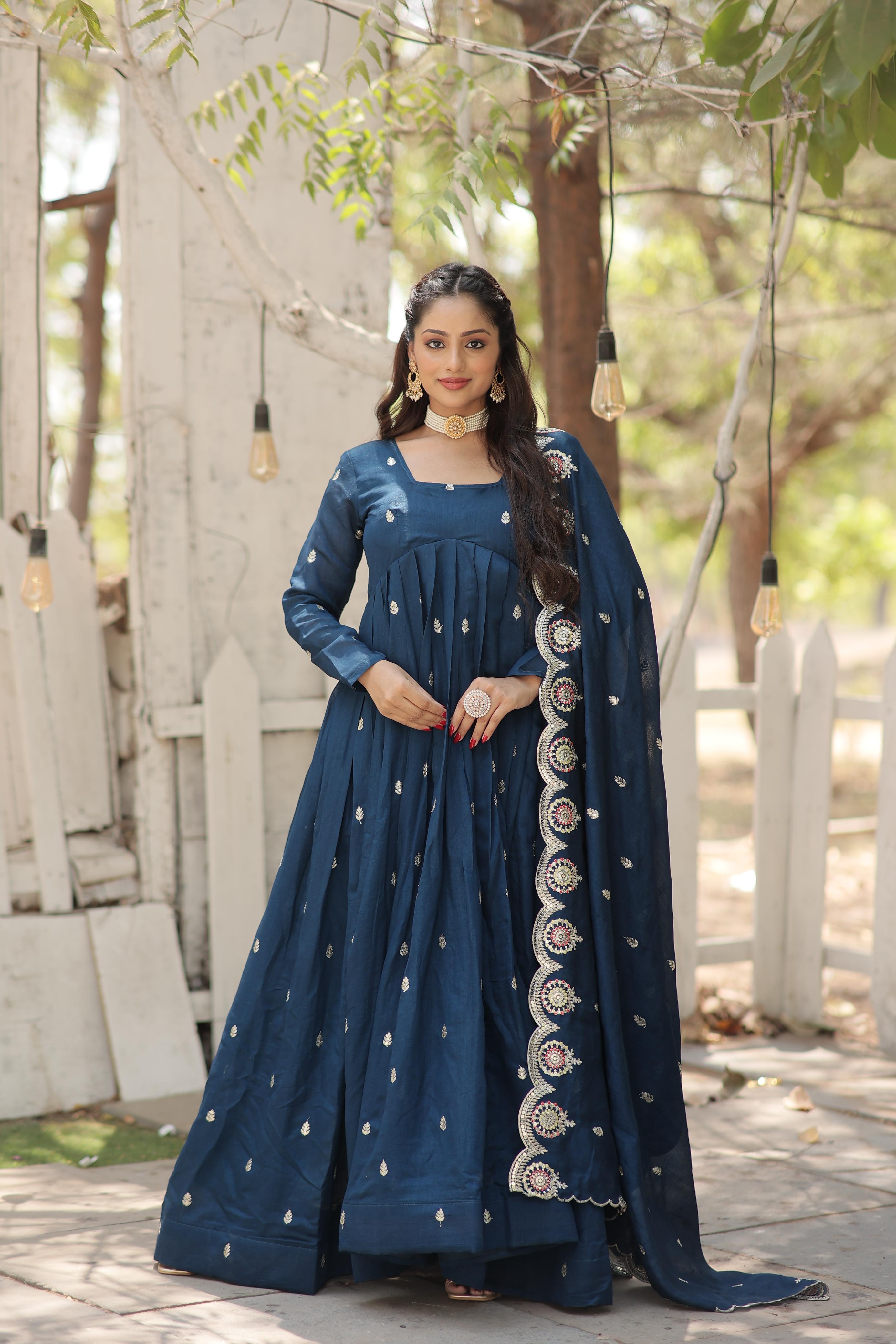 Eyes Catching Rama Color Vichitra With Rich Sequins Embroidered Work Anarkali Gown