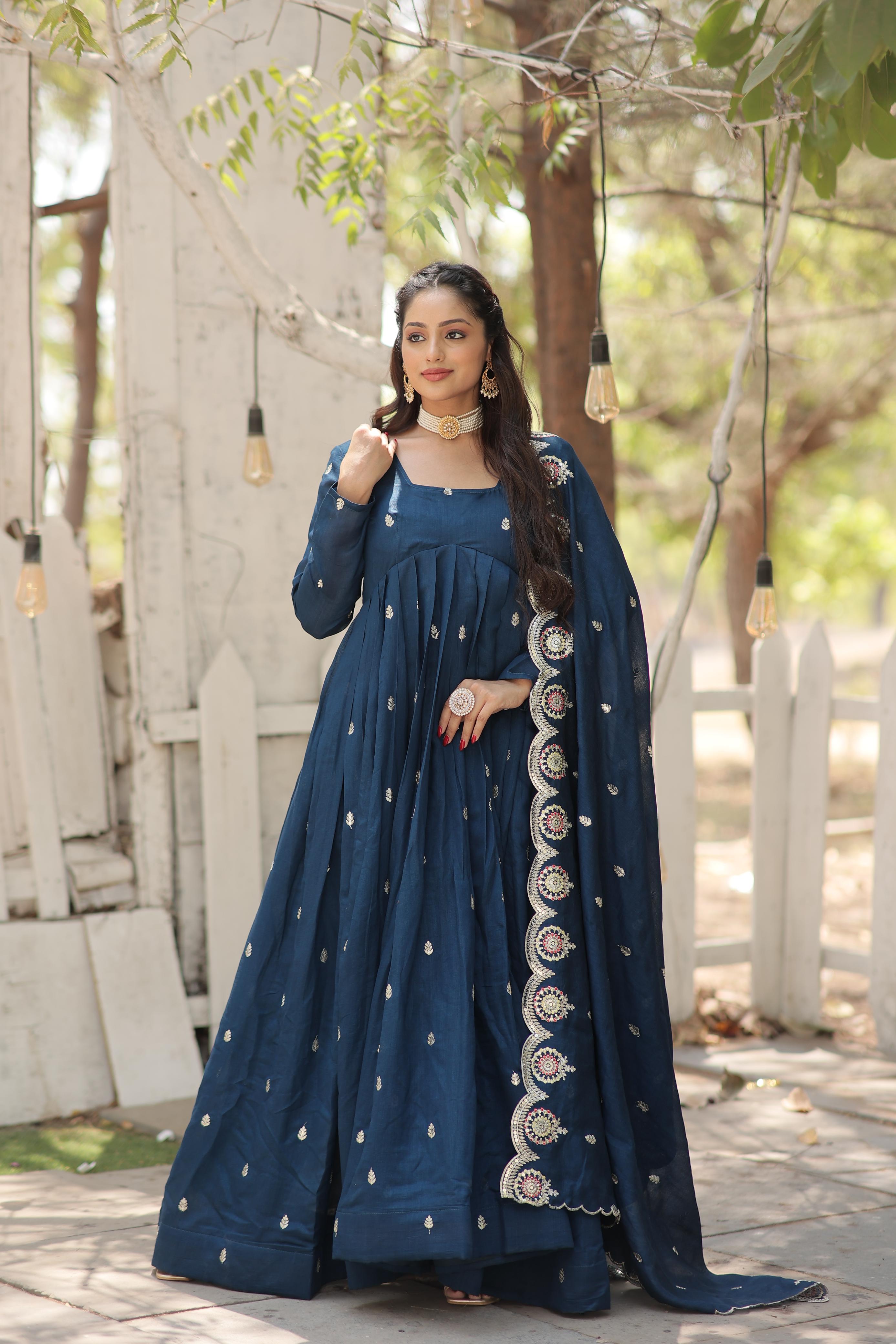 Eyes Catching Rama Color Vichitra With Rich Sequins Embroidered Work Anarkali Gown