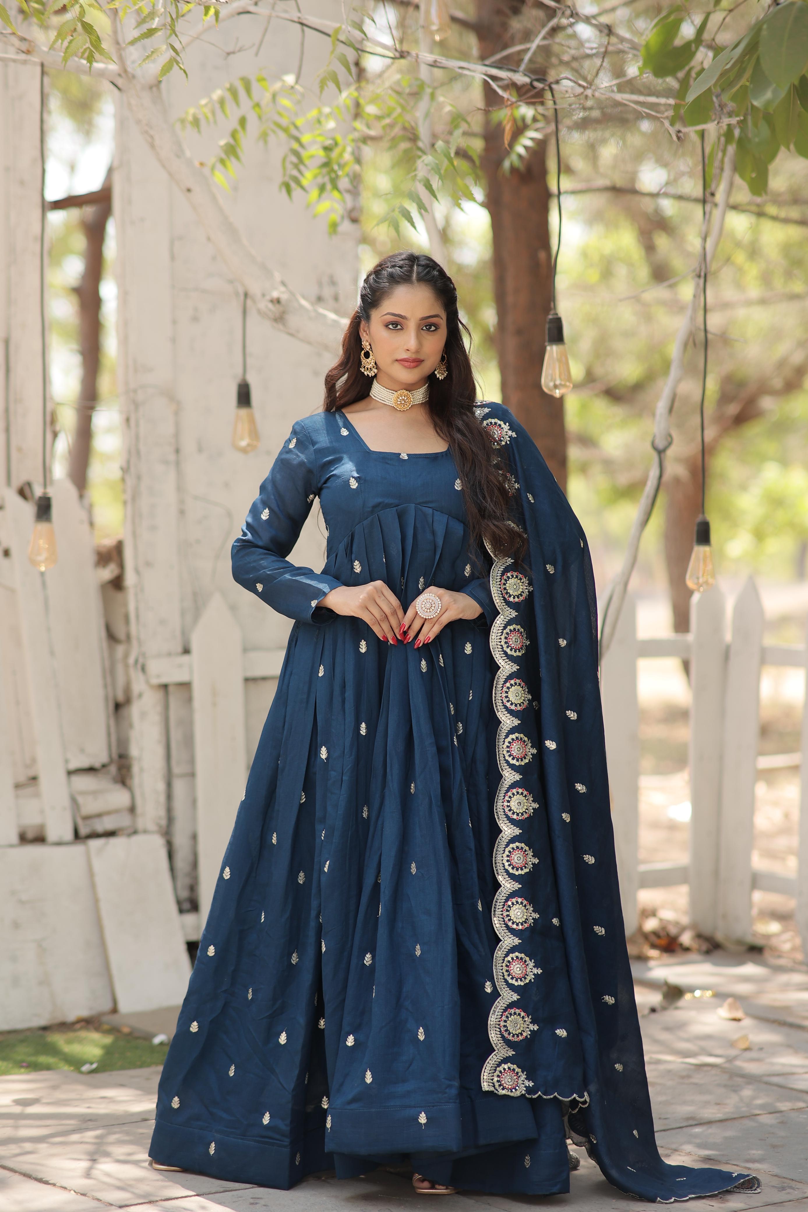 Eyes Catching Rama Color Vichitra With Rich Sequins Embroidered Work Anarkali Gown