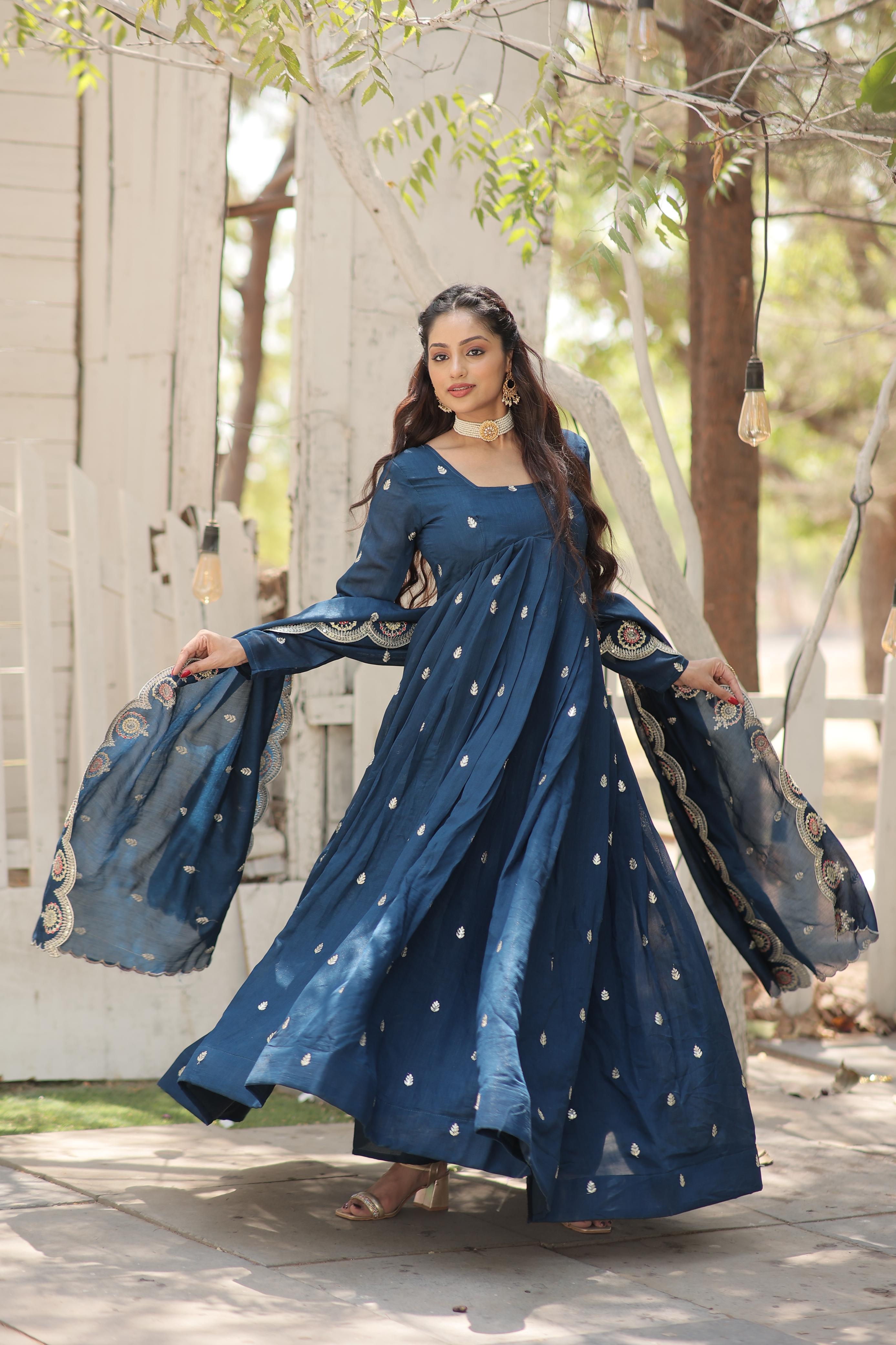 Eyes Catching Rama Color Vichitra With Rich Sequins Embroidered Work Anarkali Gown