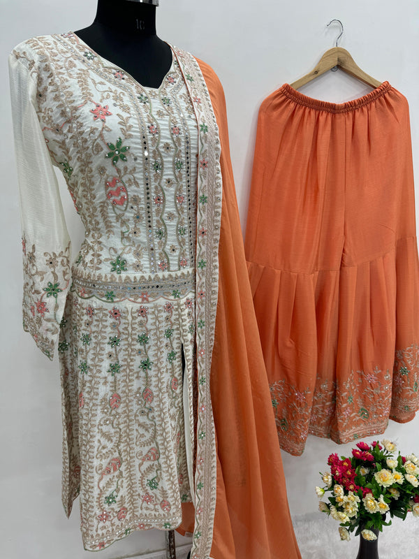 Presenting White and Orange Color Heavy Chinon Silk With Real Mirror And Dimond Work Sharara Suit