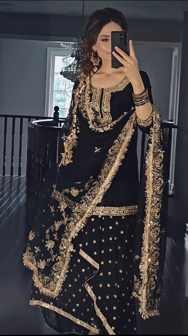 Designer Party Wear Black Color Faux Georgette With Heavy Embroidery 5mm Sequence Work Dhoti Suit