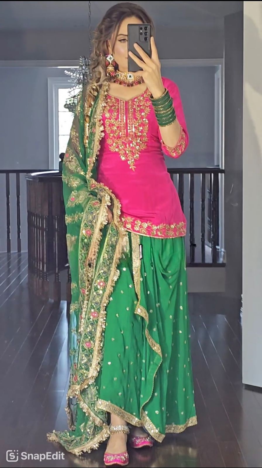 Glossy Pink And Green Color Faux Georgette With Heavy Embroidery Sharara Dhoti Suit