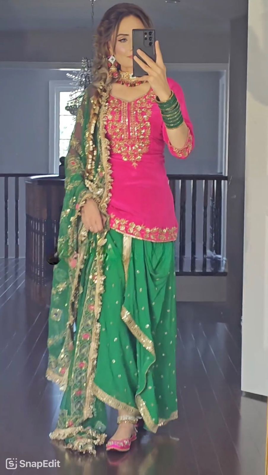 Glossy Pink And Green Color Faux Georgette With Heavy Embroidery Sharara Dhoti Suit