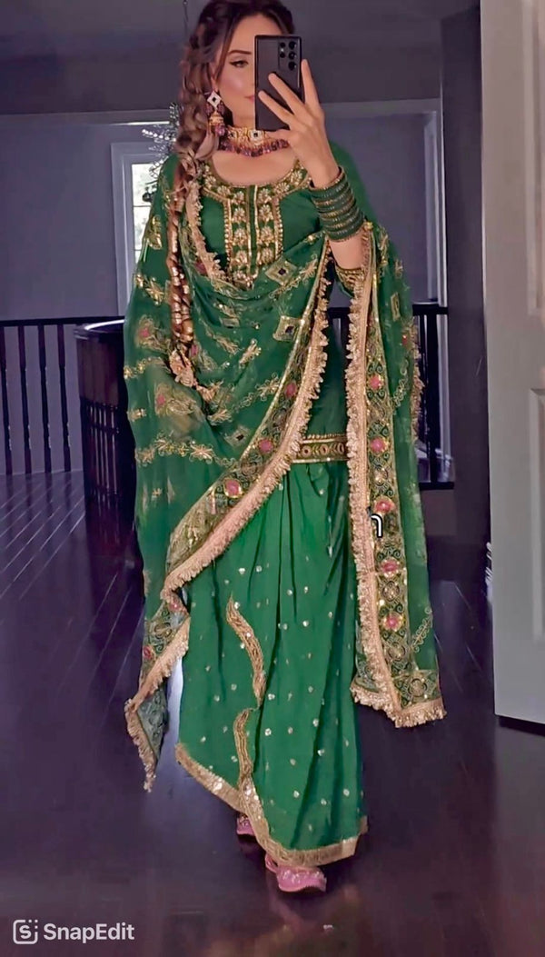 Stunning Green Color Faux Georgette With Heavy Embroidery Sharara Dhoti Suit