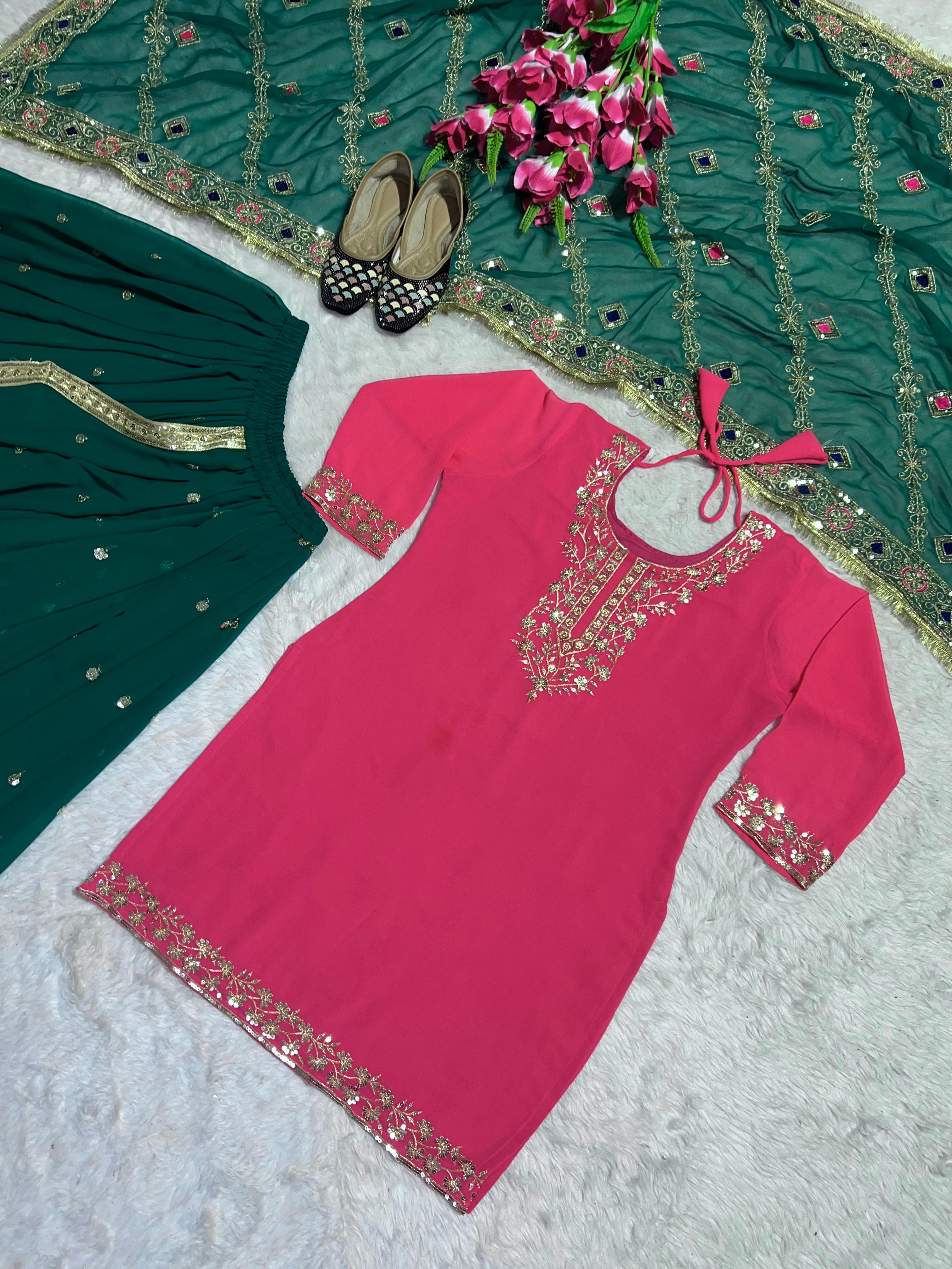 Glossy Pink And Green Color Faux Georgette With Heavy Embroidery Sharara Dhoti Suit