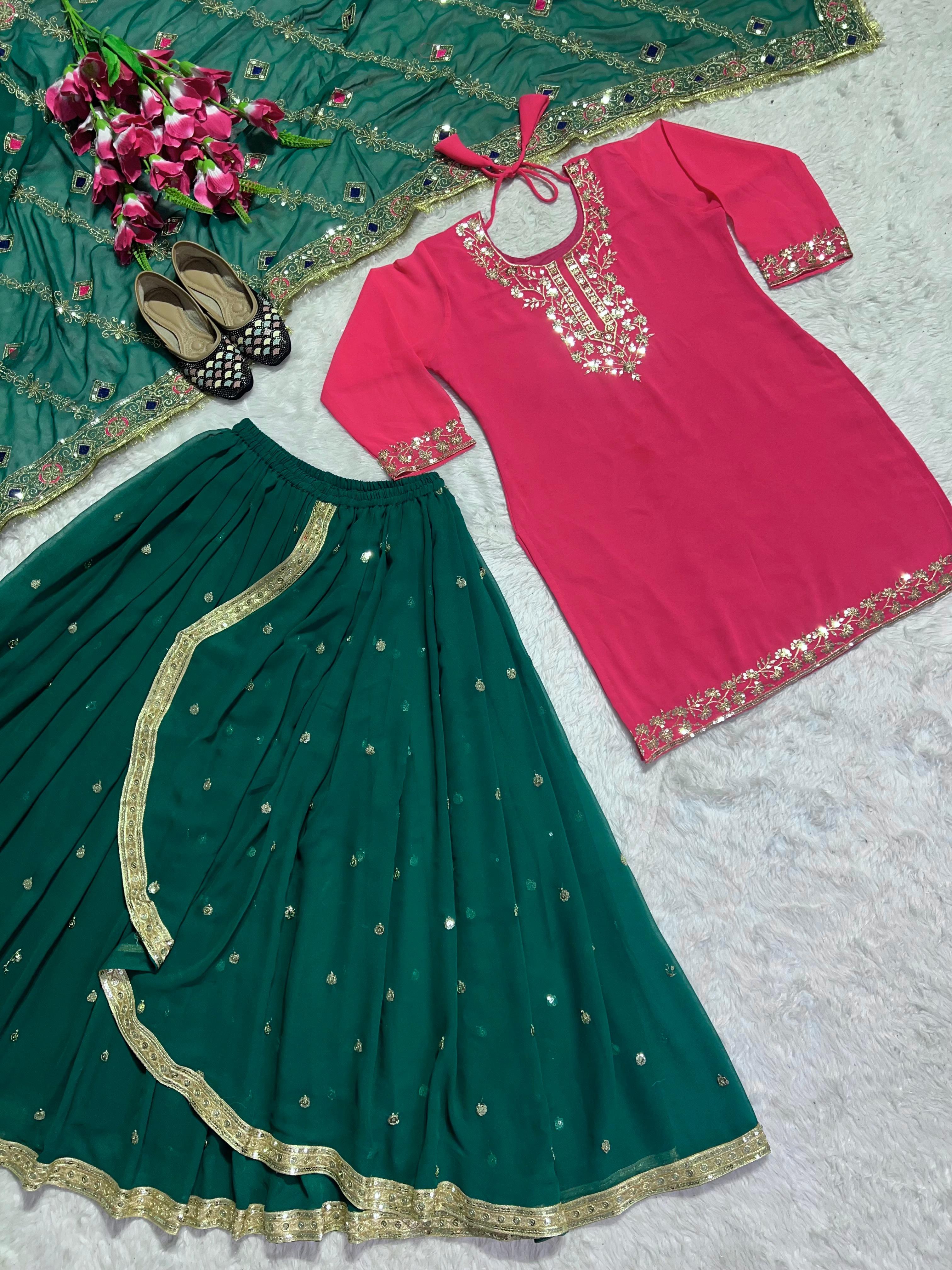 Glossy Pink And Green Color Faux Georgette With Heavy Embroidery Sharara Dhoti Suit